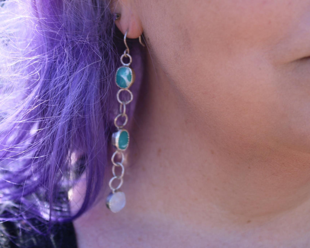 Dangle Sterling Silver Larimar and Rainbow Moonstone Earrings | Handcrafted | Ocean Stone | Healing Crystal Jewelry for grounding wisdom and emotional clarity.