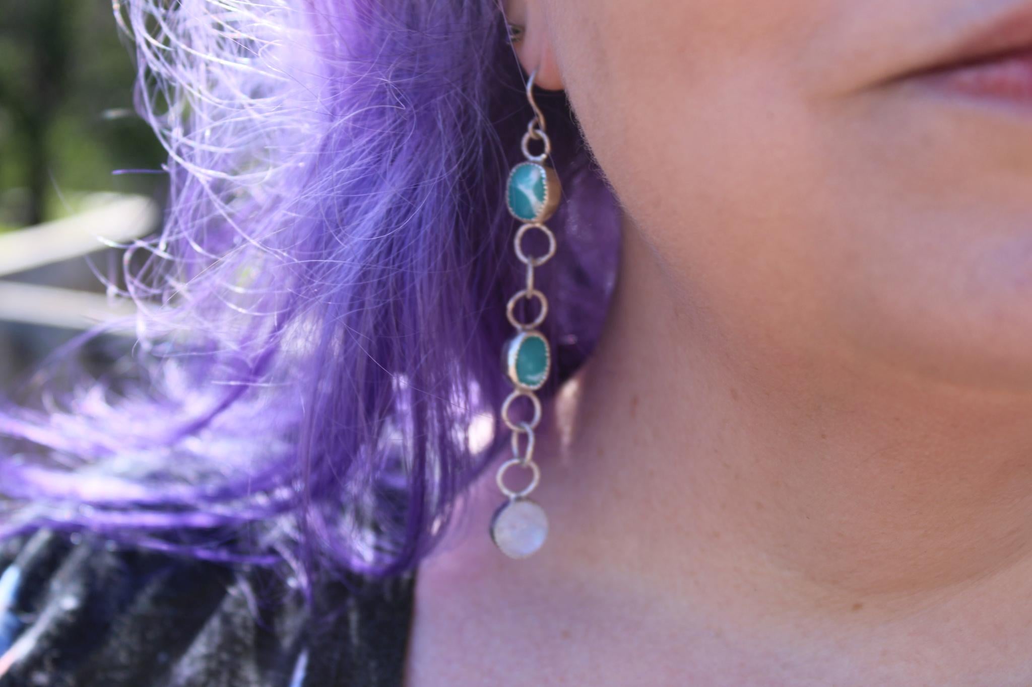 Dangle Sterling Silver Larimar and Rainbow Moonstone Earrings | Handcrafted | Ocean Stone | Healing Crystal Jewelry for grounding wisdom and emotional clarity.