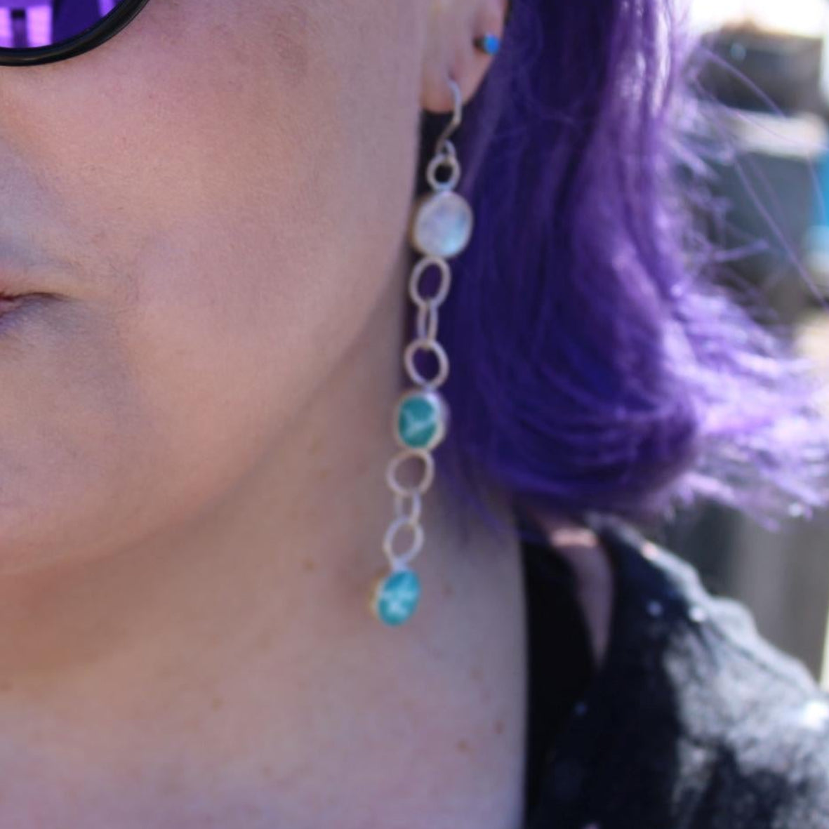 Dangle Sterling Silver Larimar and Rainbow Moonstone Earrings | Handcrafted | Ocean Stone | Healing Crystal Jewelry for grounding wisdom and emotional clarity.