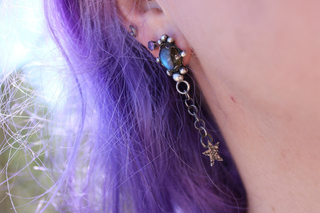 Sterling Silver Labradorite Post Dangle Earrings with Star and Moon | Handcrafted | Mystical Crystal Jewelry for intuition and protection.