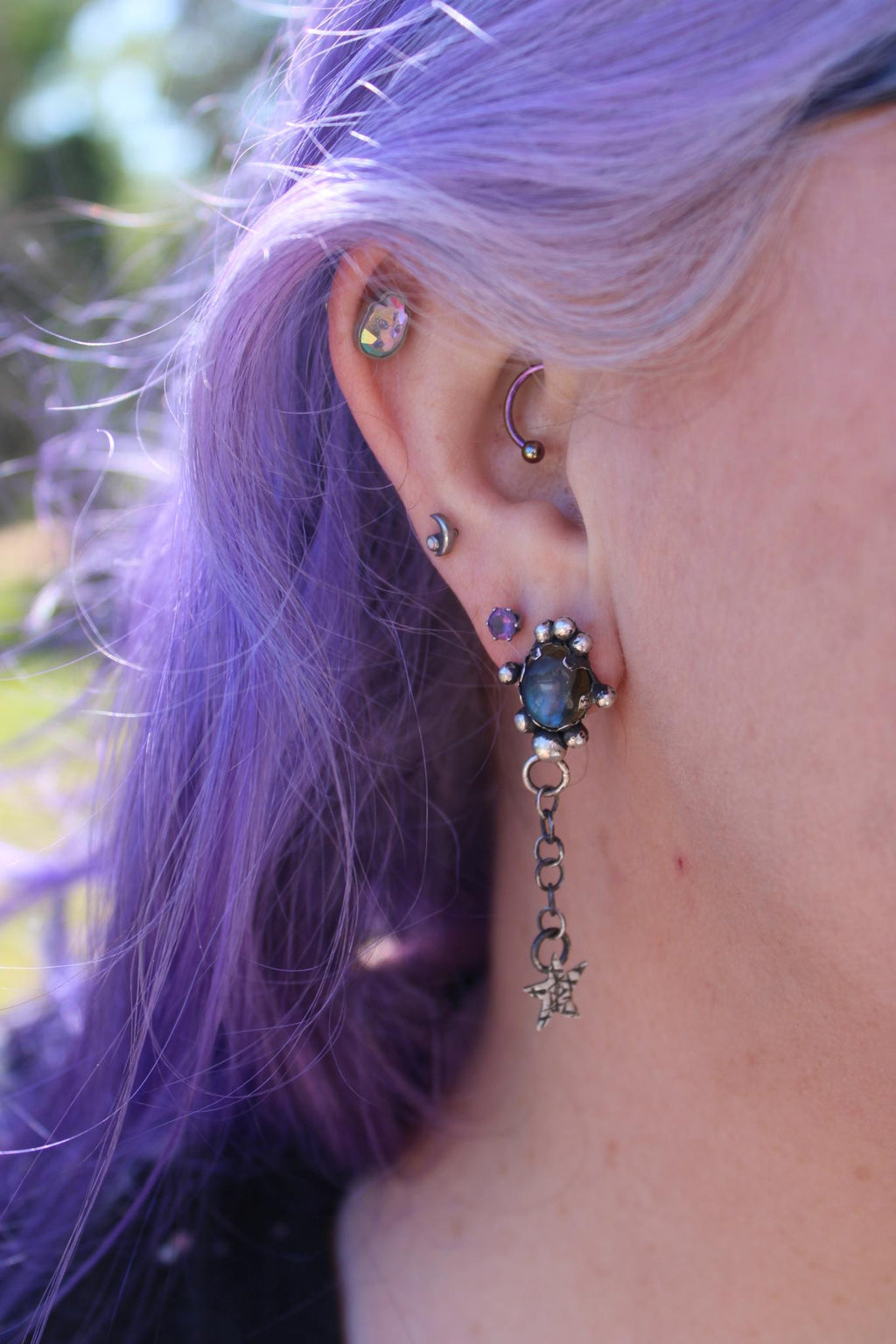 Sterling Silver Labradorite Post Dangle Earrings with Star and Moon | Handcrafted | Mystical Crystal Jewelry for intuition and protection.