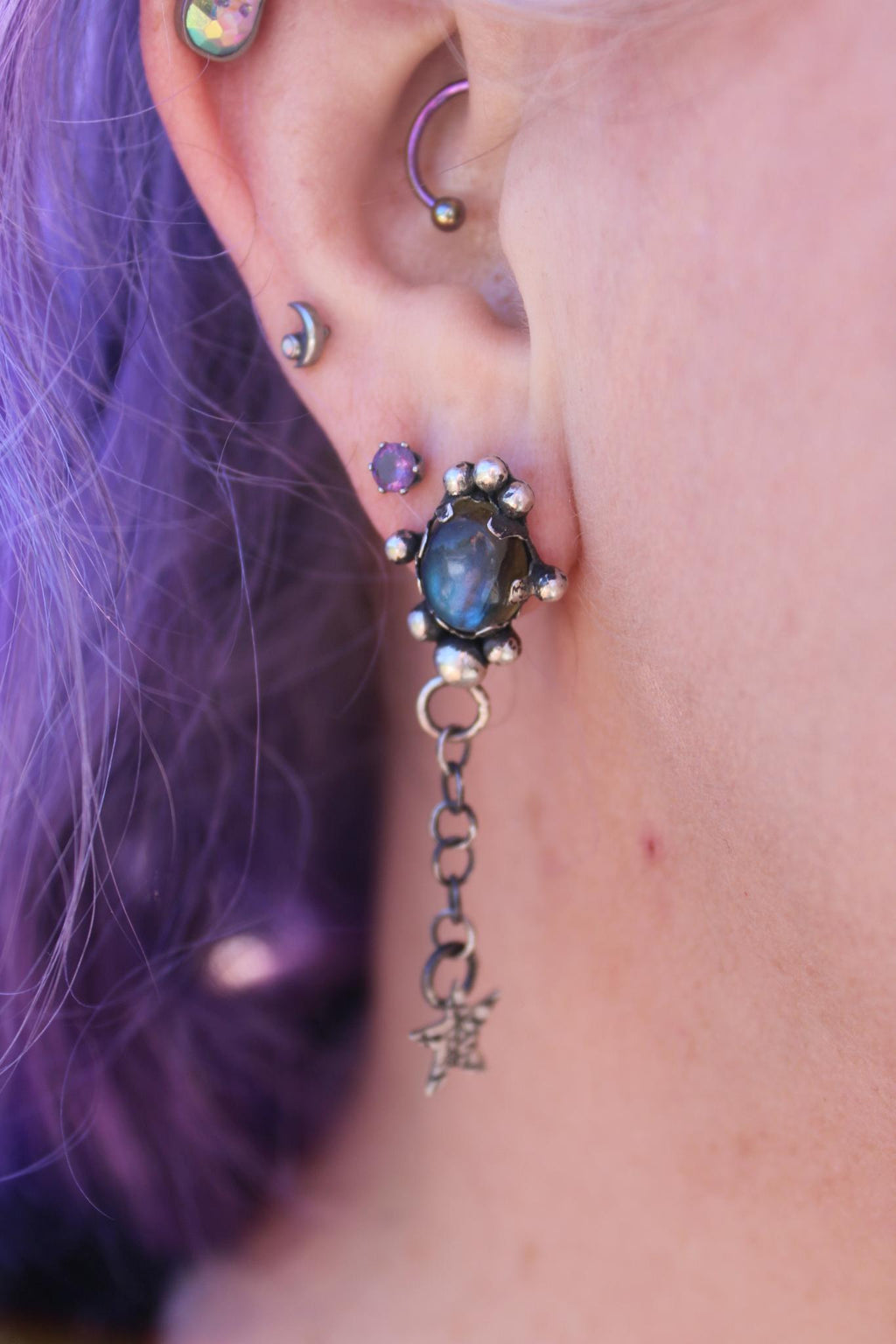 Sterling Silver Labradorite Post Dangle Earrings with Star and Moon | Handcrafted | Mystical Crystal Jewelry for intuition and protection.