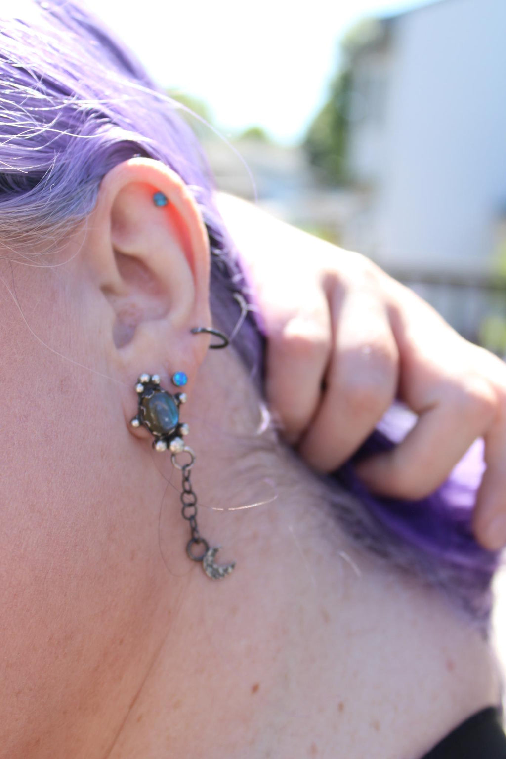 Sterling Silver Labradorite Post Dangle Earrings with Star and Moon | Handcrafted | Mystical Crystal Jewelry for intuition and protection.