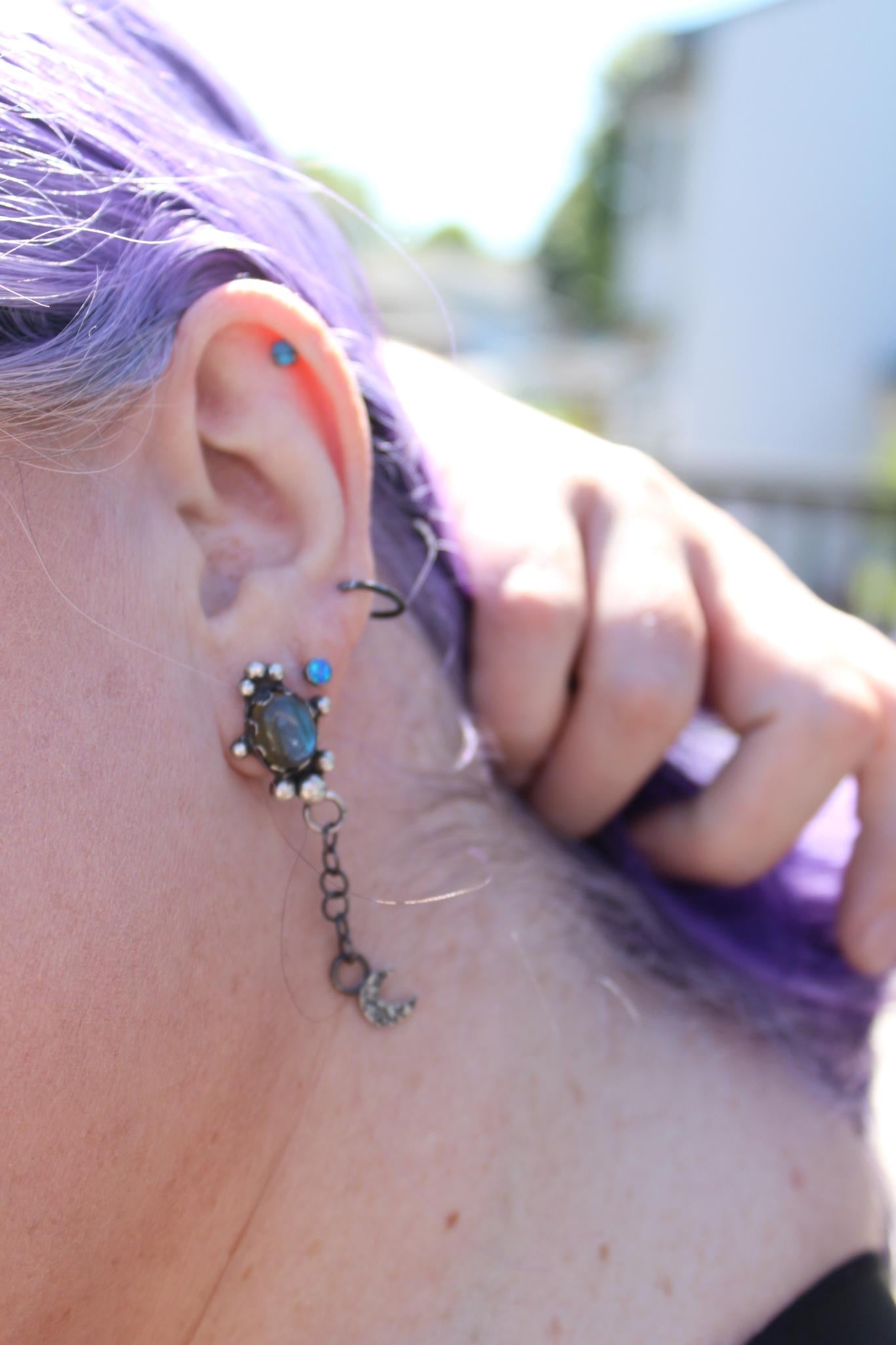 Sterling Silver Labradorite Post Dangle Earrings with Star and Moon | Handcrafted | Mystical Crystal Jewelry for intuition and protection.