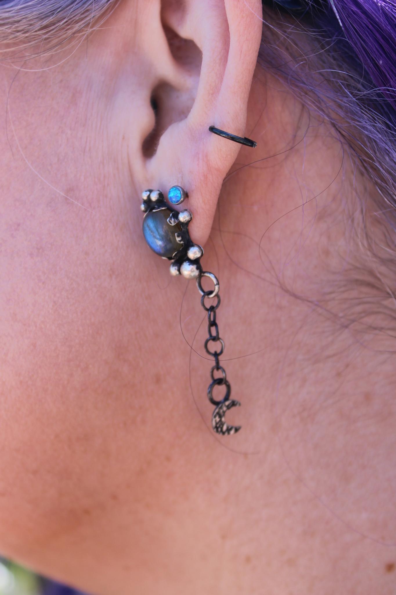 Sterling Silver Labradorite Post Dangle Earrings with Star and Moon | Handcrafted | Mystical Crystal Jewelry for intuition and protection.