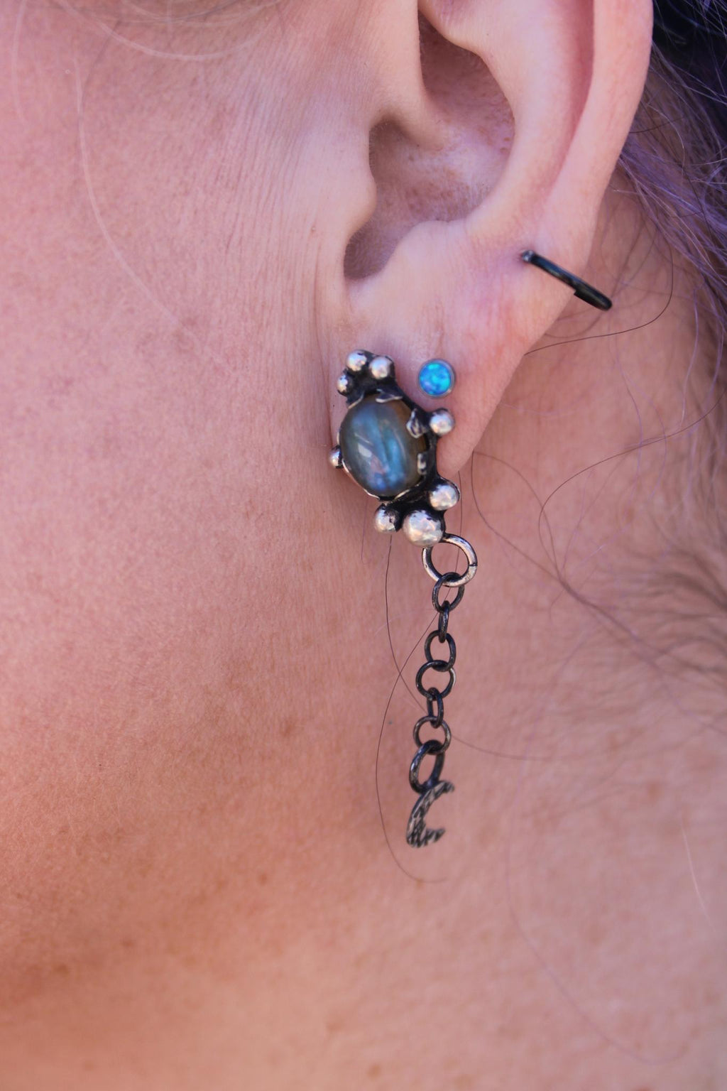 Sterling Silver Labradorite Post Dangle Earrings with Star and Moon | Handcrafted | Mystical Crystal Jewelry for intuition and protection.