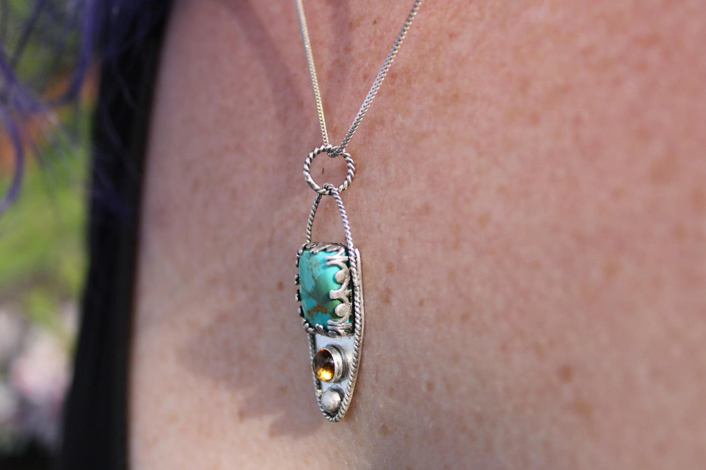 Kingman Mohave Turquoise and Citrine Sterling Silver Pendant in sterling silver for protection, grounding and positivity.