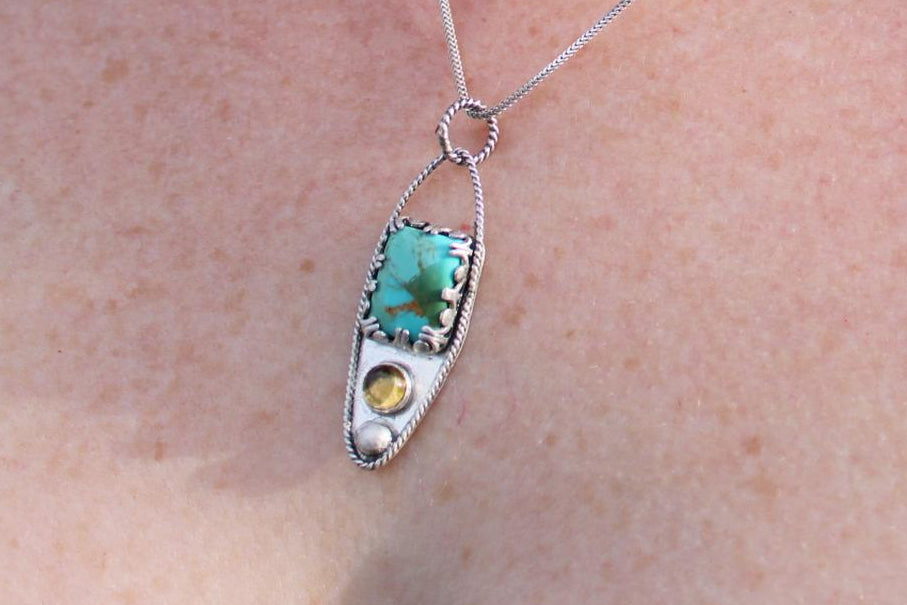 Kingman Mohave Turquoise and Citrine Sterling Silver Pendant in sterling silver for protection, grounding and positivity.