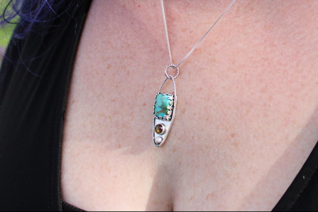 Kingman Mohave Turquoise and Citrine Sterling Silver Pendant in sterling silver for protection, grounding and positivity.