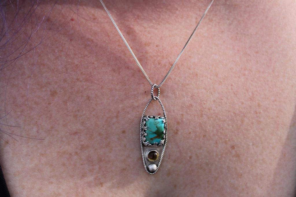 Kingman Mohave Turquoise and Citrine Sterling Silver Pendant in sterling silver for protection, grounding and positivity.
