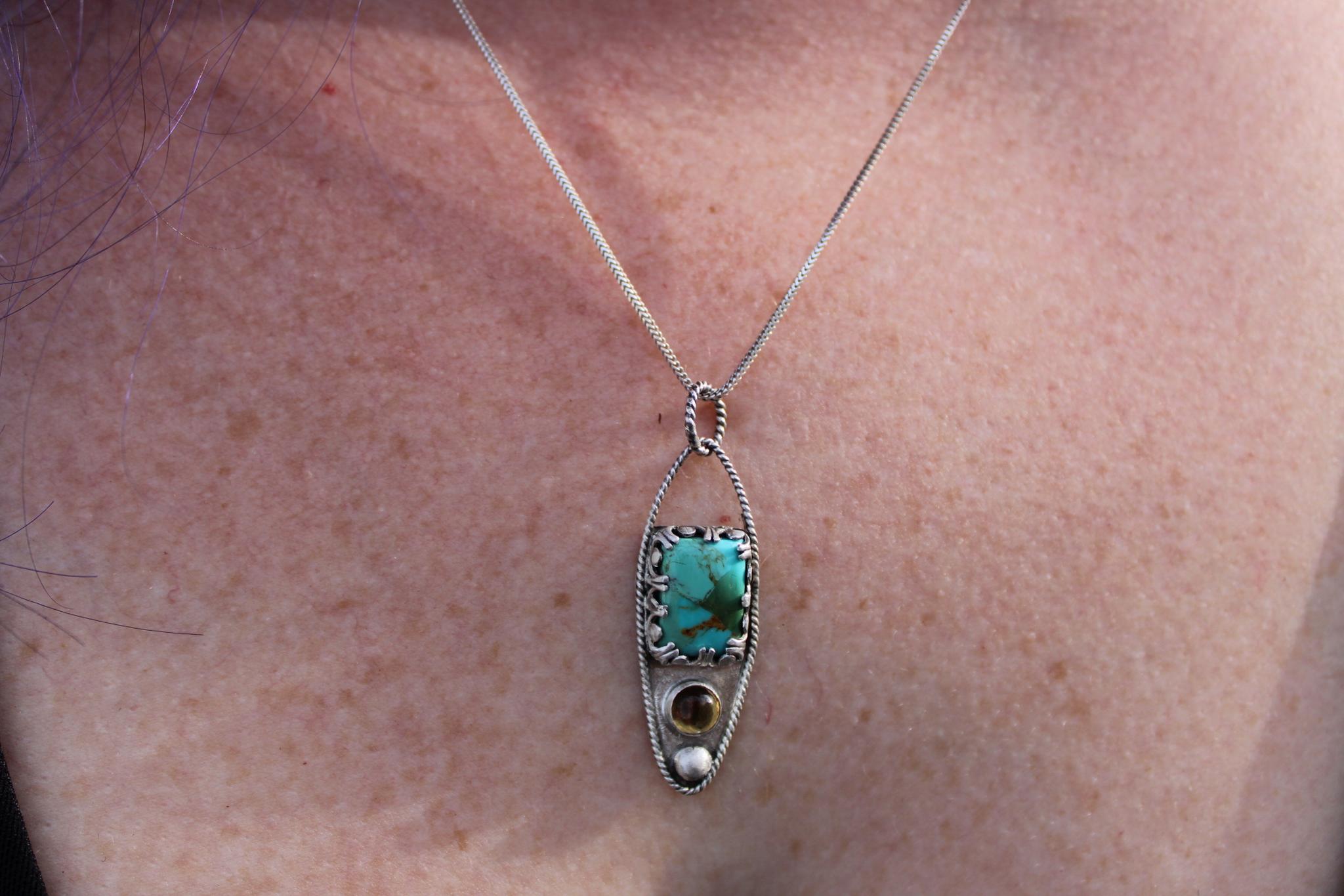Kingman Mohave Turquoise and Citrine Sterling Silver Pendant in sterling silver for protection, grounding and positivity.