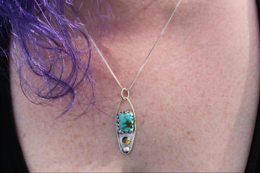 Kingman Mohave Turquoise and Citrine Sterling Silver Pendant in sterling silver for protection, grounding and positivity.