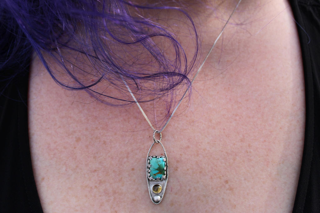 Kingman Mohave Turquoise and Citrine Sterling Silver Pendant in sterling silver for protection, grounding and positivity.