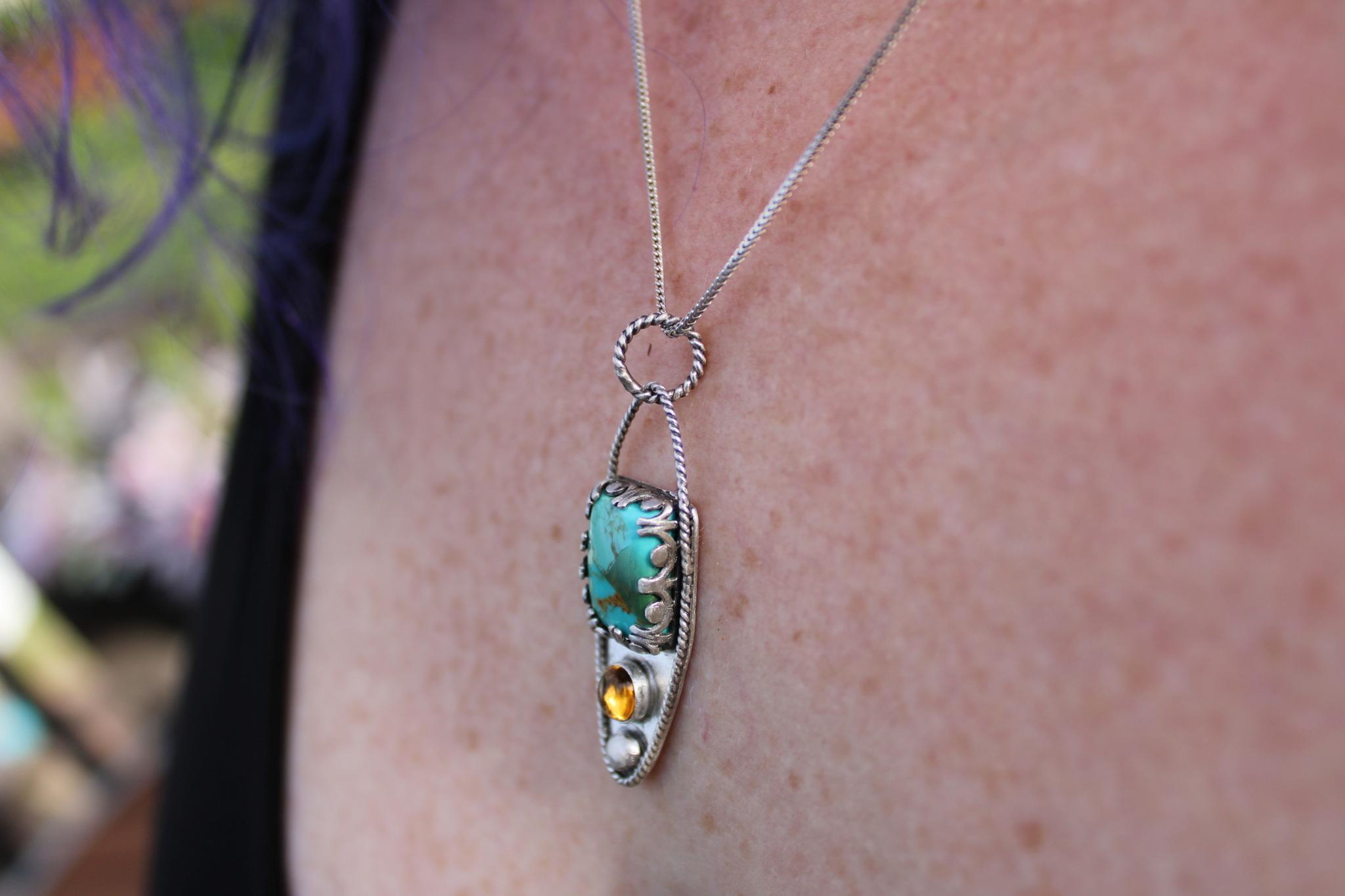 Kingman Mohave Turquoise and Citrine Sterling Silver Pendant in sterling silver for protection, grounding and positivity.