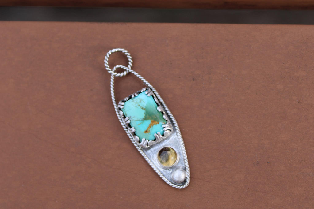 Kingman Mohave Turquoise and Citrine Sterling Silver Pendant in sterling silver for protection, grounding and positivity.