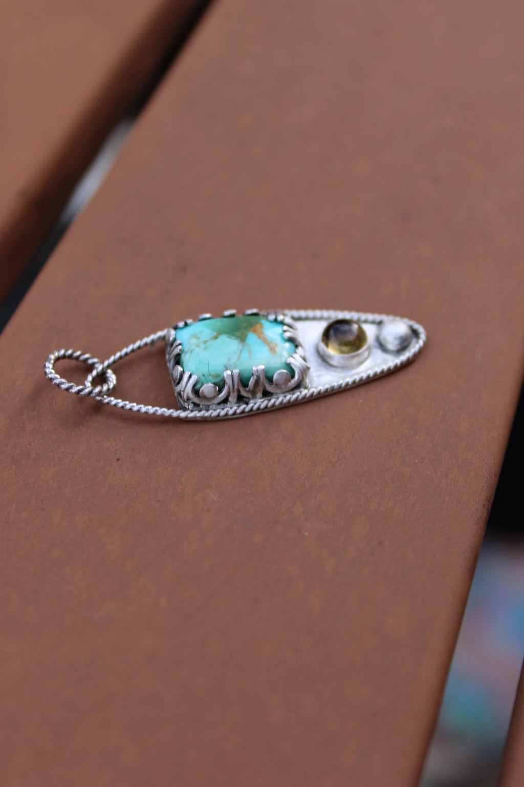 Kingman Mohave Turquoise and Citrine Sterling Silver Pendant in sterling silver for protection, grounding and positivity.