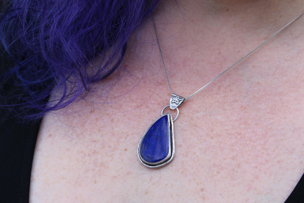 Lapis Lazuli Pendant in Fine & Sterling Silver | Oxidized Celestial Jewelry | Third Eye Throat Chakra | Boho Crystal Pendant for wisdom, truth and intuition