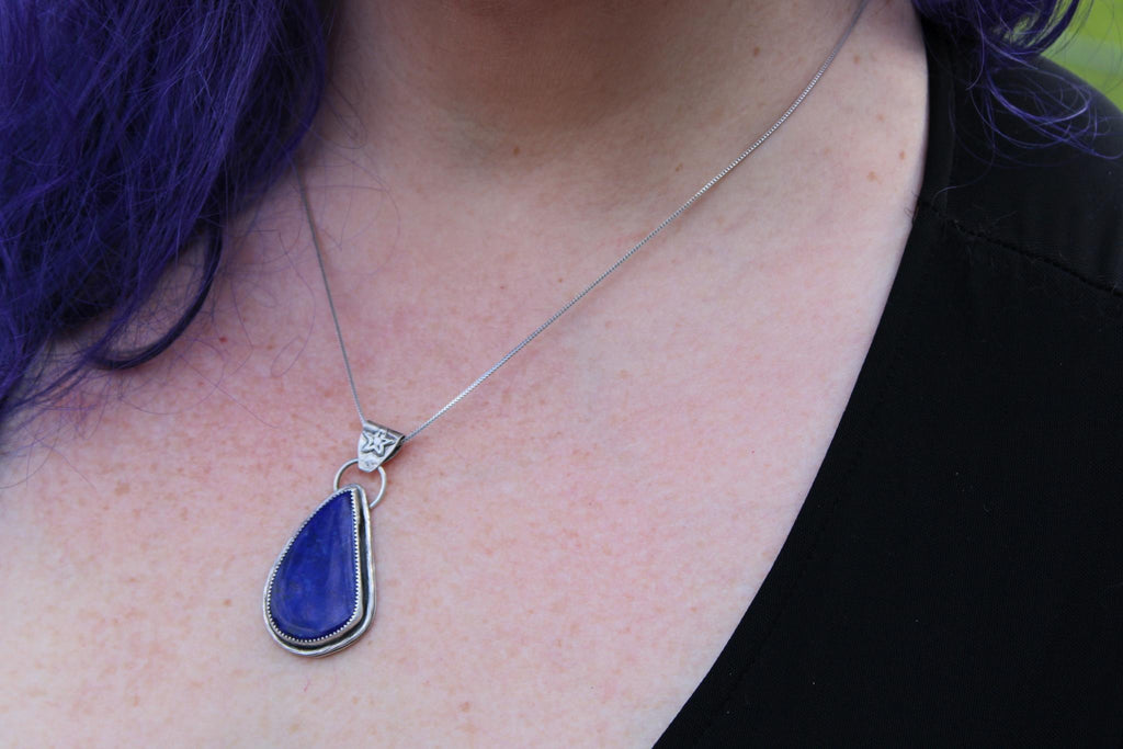 Lapis Lazuli Pendant in Fine & Sterling Silver | Oxidized Celestial Jewelry | Third Eye Throat Chakra | Boho Crystal Pendant for wisdom, truth and intuition