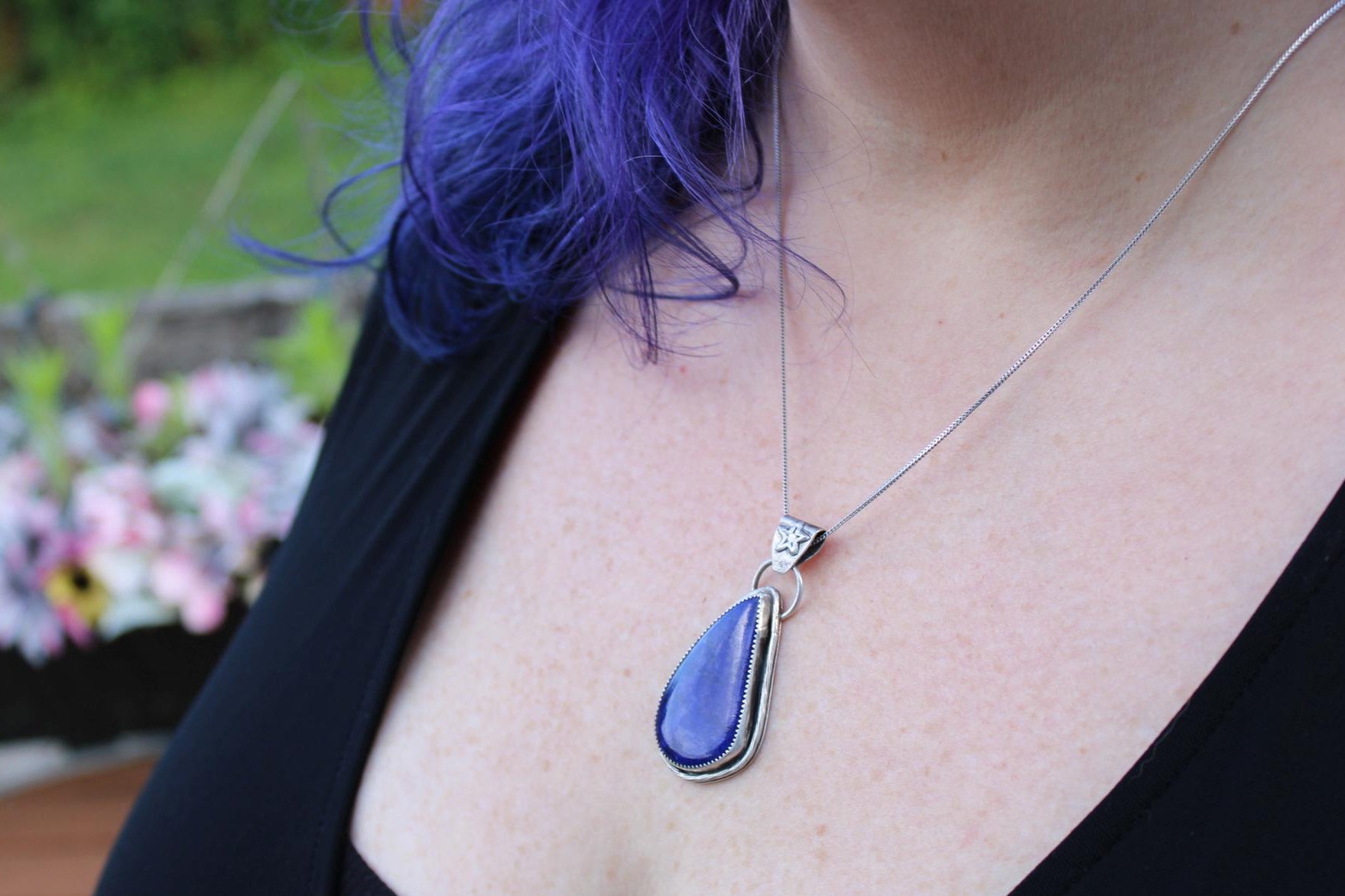 Lapis Lazuli Pendant in Fine & Sterling Silver | Oxidized Celestial Jewelry | Third Eye Throat Chakra | Boho Crystal Pendant for wisdom, truth and intuition