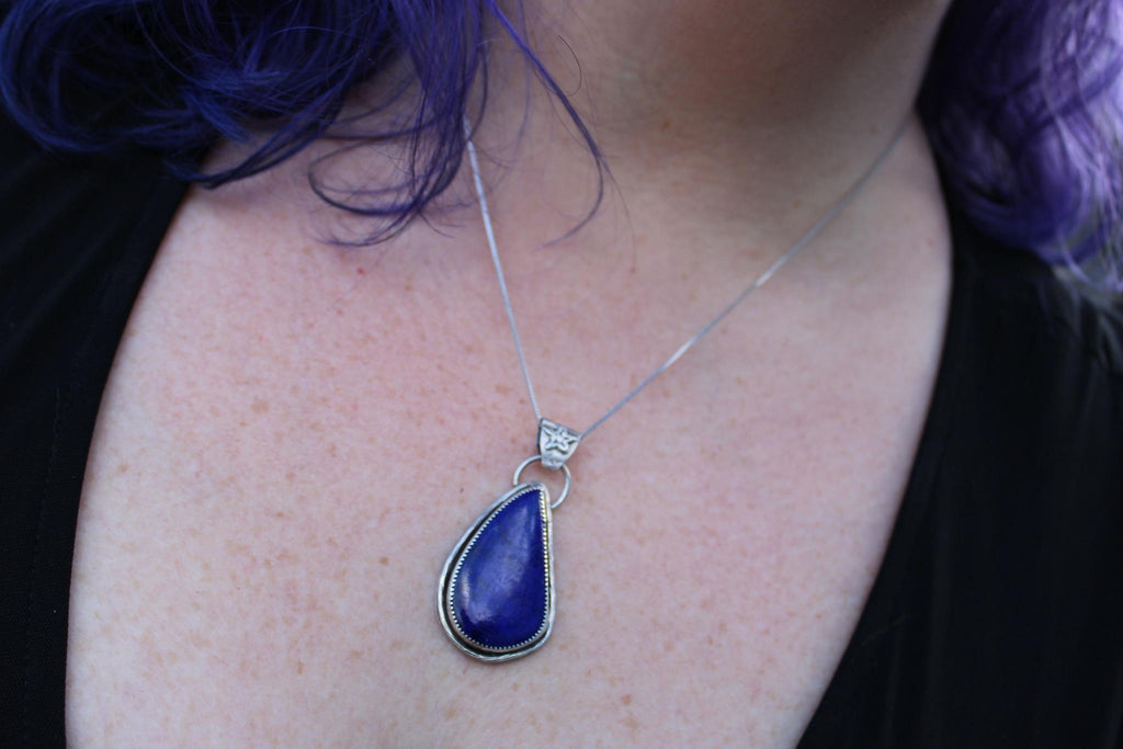 Lapis Lazuli Pendant in Fine & Sterling Silver | Oxidized Celestial Jewelry | Third Eye Throat Chakra | Boho Crystal Pendant for wisdom, truth and intuition