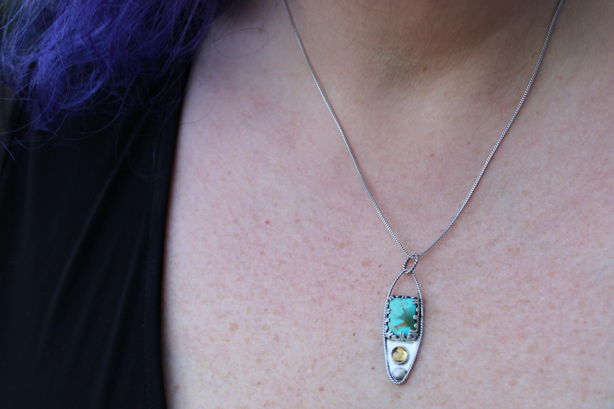 Kingman Mohave Turquoise and Citrine Sterling Silver Pendant in sterling silver for protection, grounding and positivity.