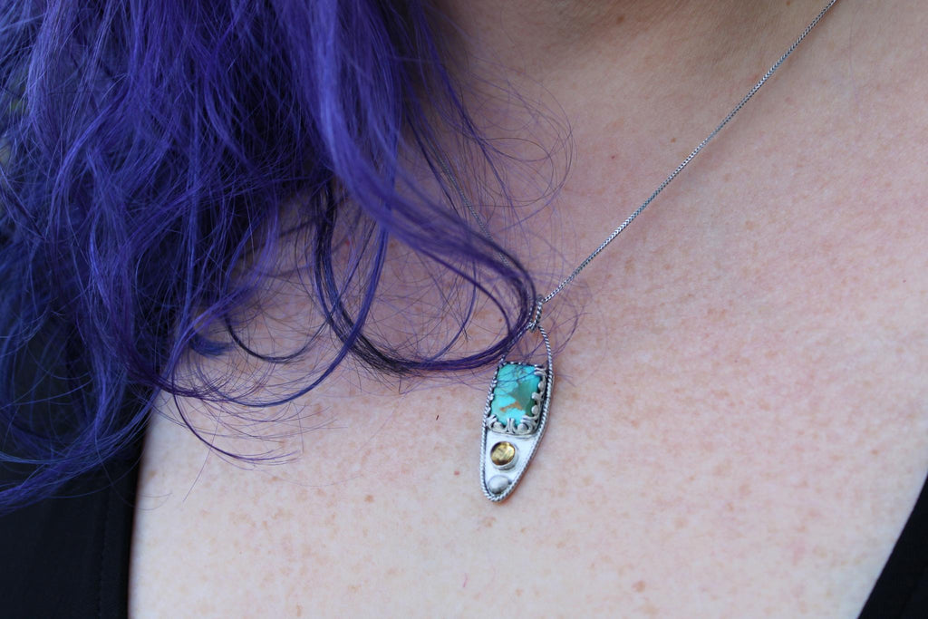 Kingman Mohave Turquoise and Citrine Sterling Silver Pendant in sterling silver for protection, grounding and positivity.
