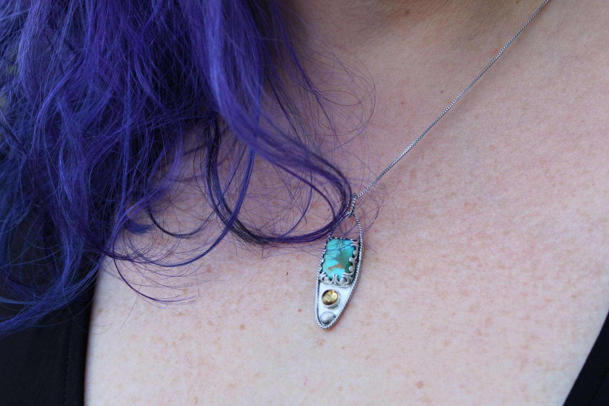 Kingman Mohave Turquoise and Citrine Sterling Silver Pendant in sterling silver for protection, grounding and positivity.