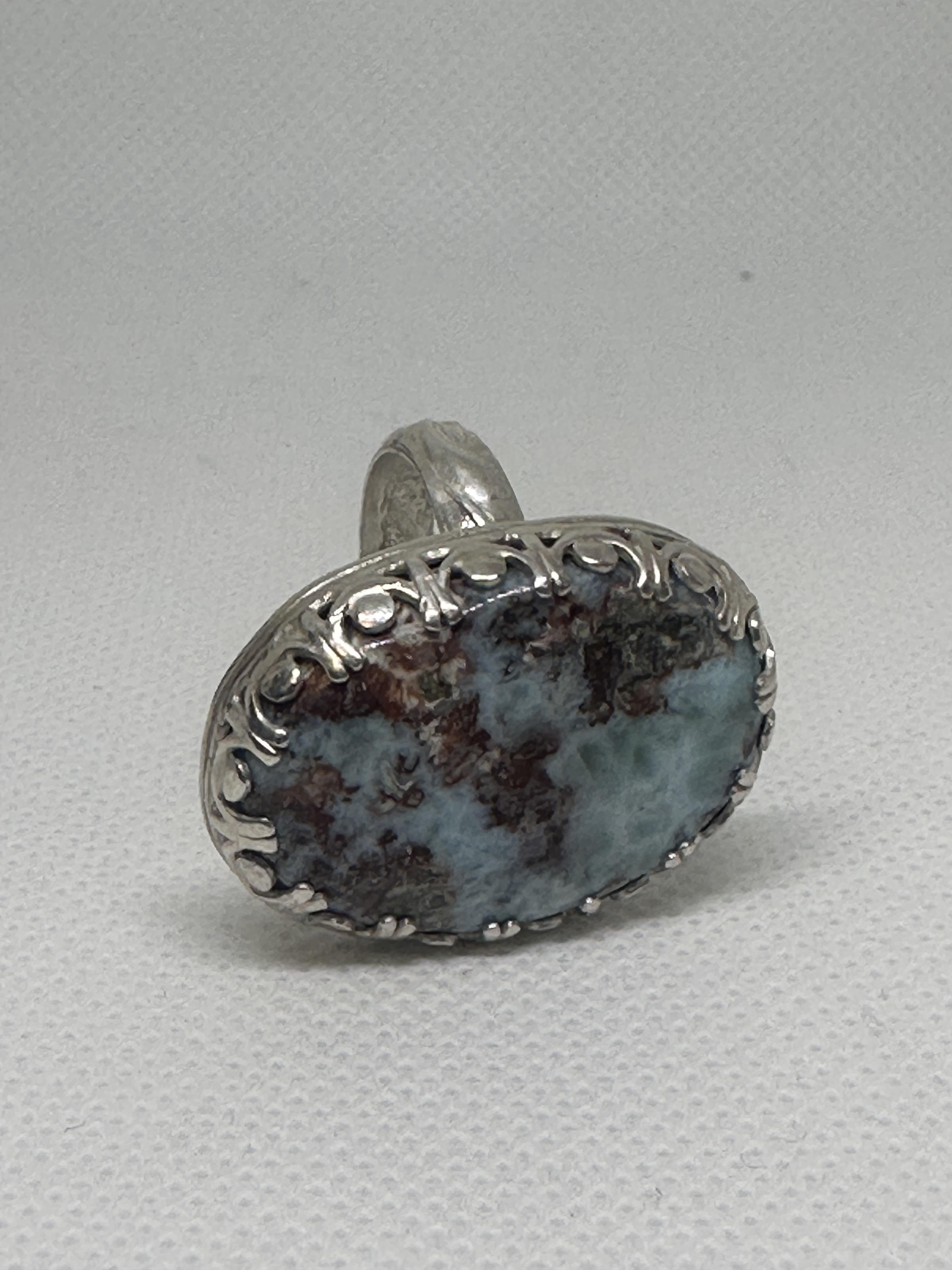 Natural Larimar Gemstone Oval Statement Ring in Sterling Silver Size 9.5 for inner peace and to soothe anxiety