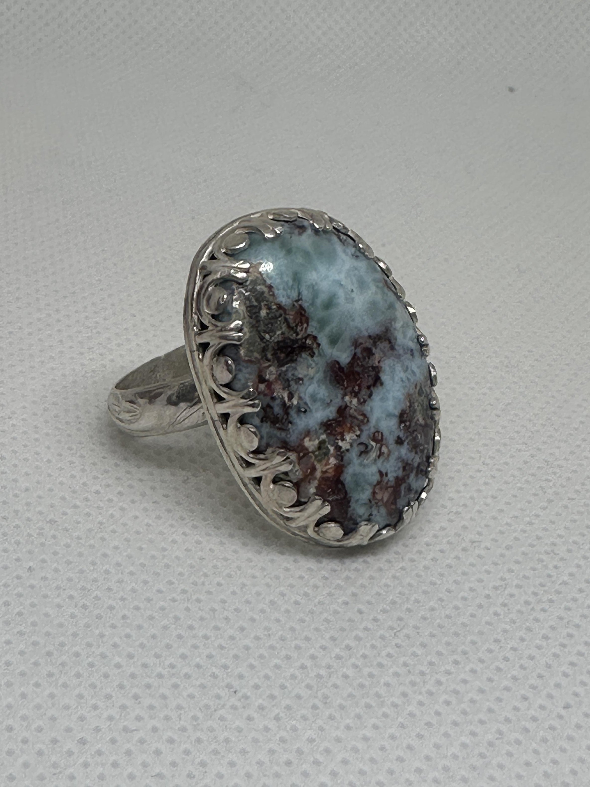 Natural Larimar Gemstone Oval Statement Ring in Sterling Silver Size 9.5 for inner peace and to soothe anxiety