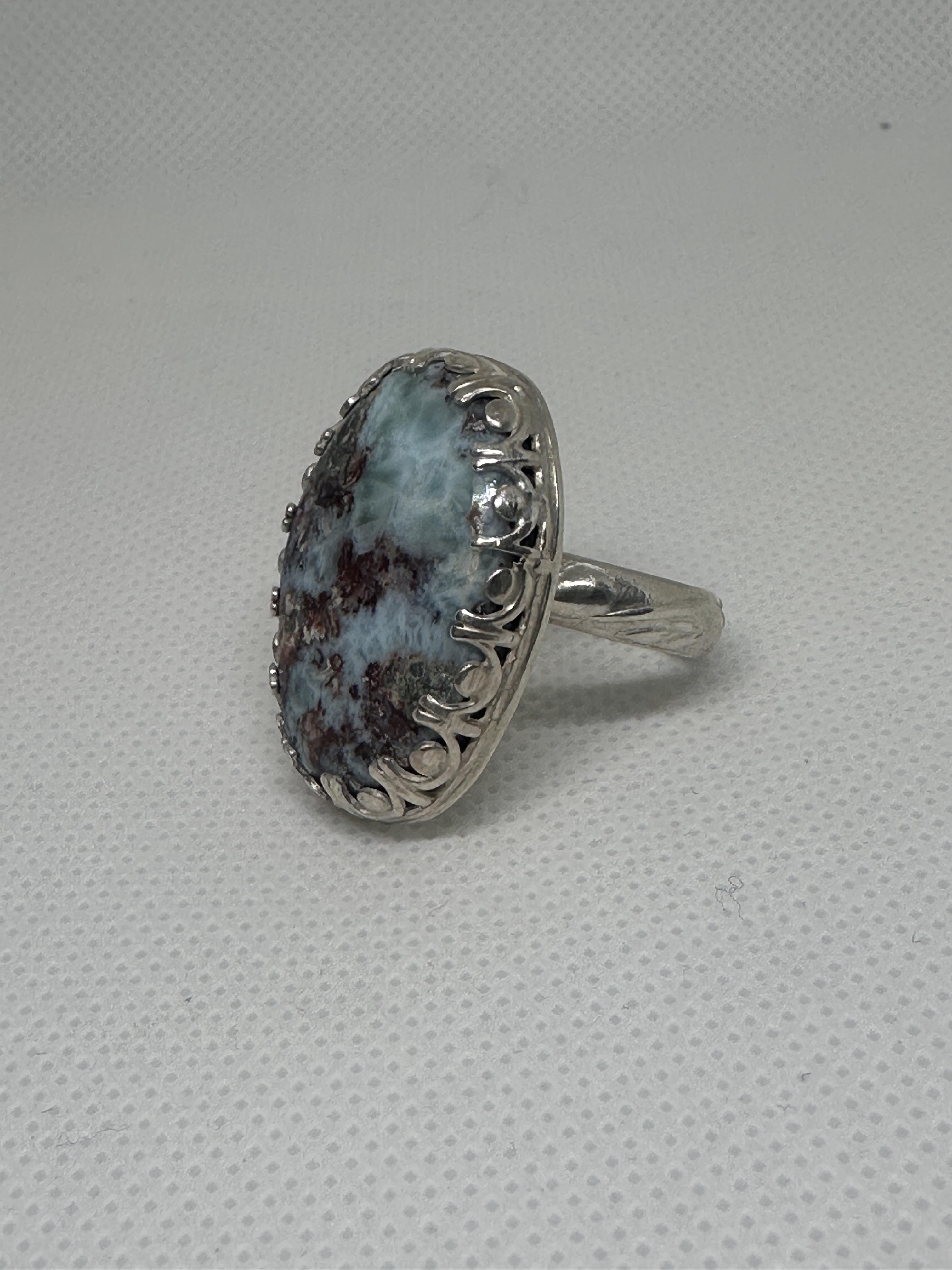 Natural Larimar Gemstone Oval Statement Ring in Sterling Silver Size 9.5 for inner peace and to soothe anxiety