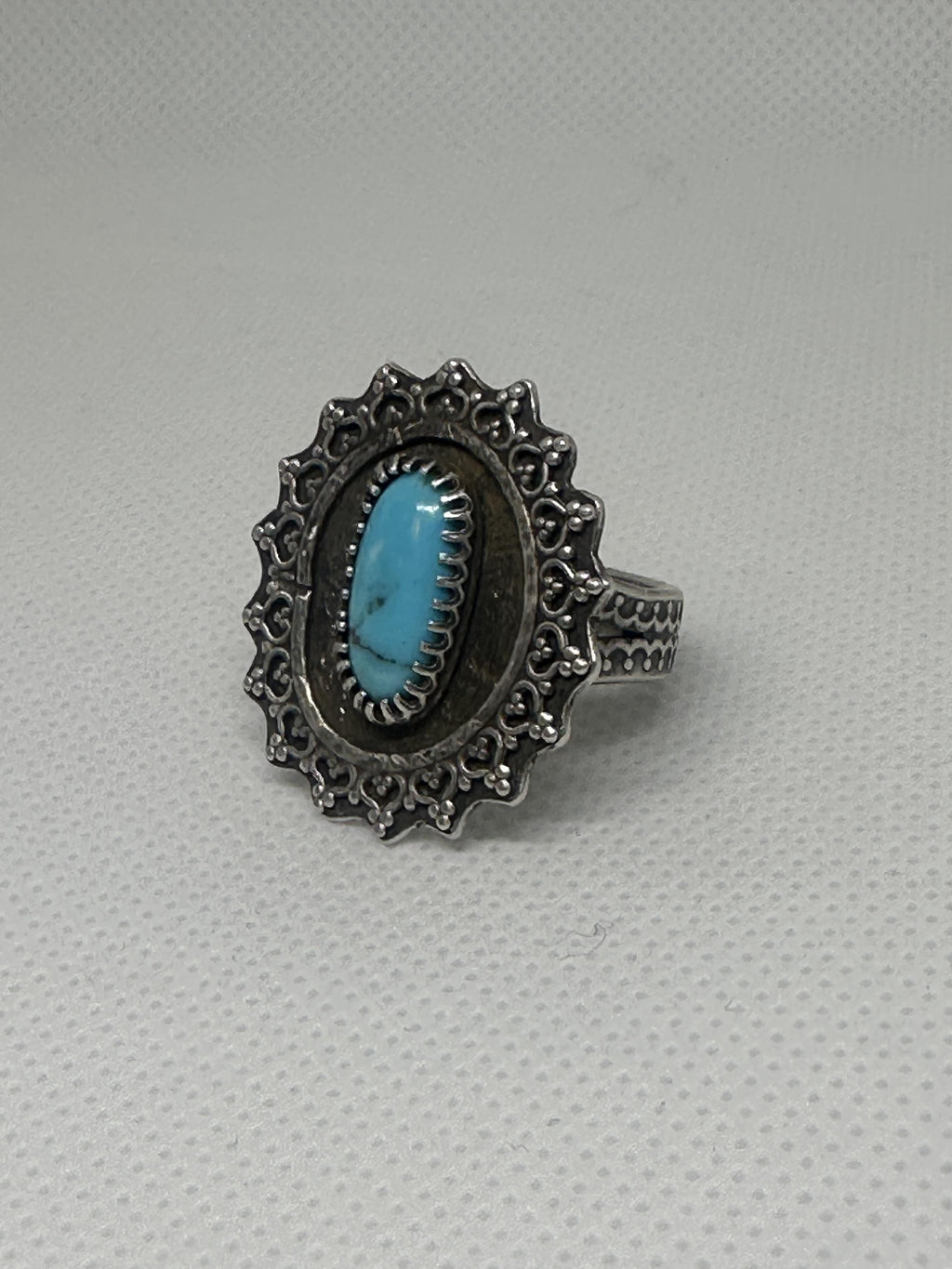 Kingman Turquoise Sterling and Fine Silver Flower Sunburst Statement Ring Size 7.5 | Oxidized Artisan Statement Ring | Handcrafted Boho Crystal Ring for peace, calm, protection and wisdom.