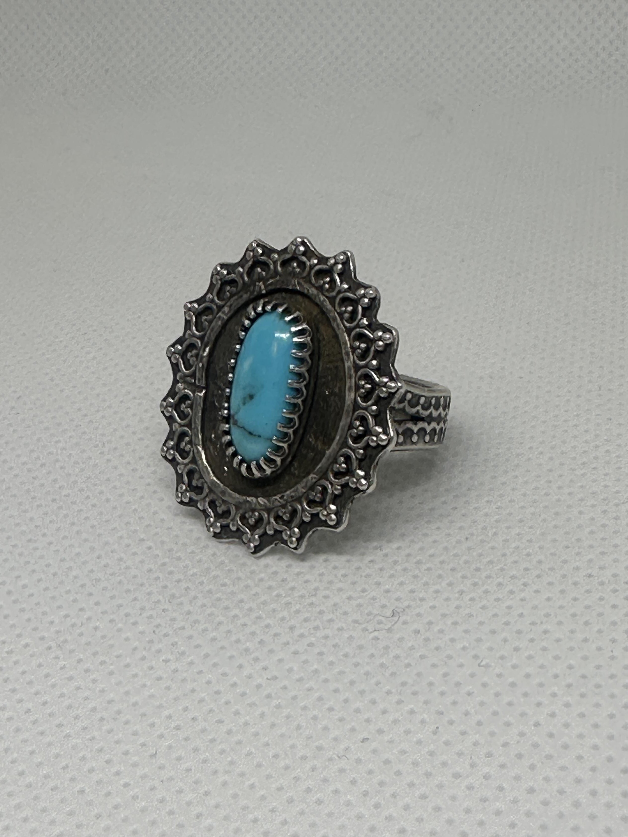 Kingman Turquoise Sterling and Fine Silver Flower Sunburst Statement Ring Size 7.5 | Oxidized Artisan Statement Ring | Handcrafted Boho Crystal Ring for peace, calm, protection and wisdom.
