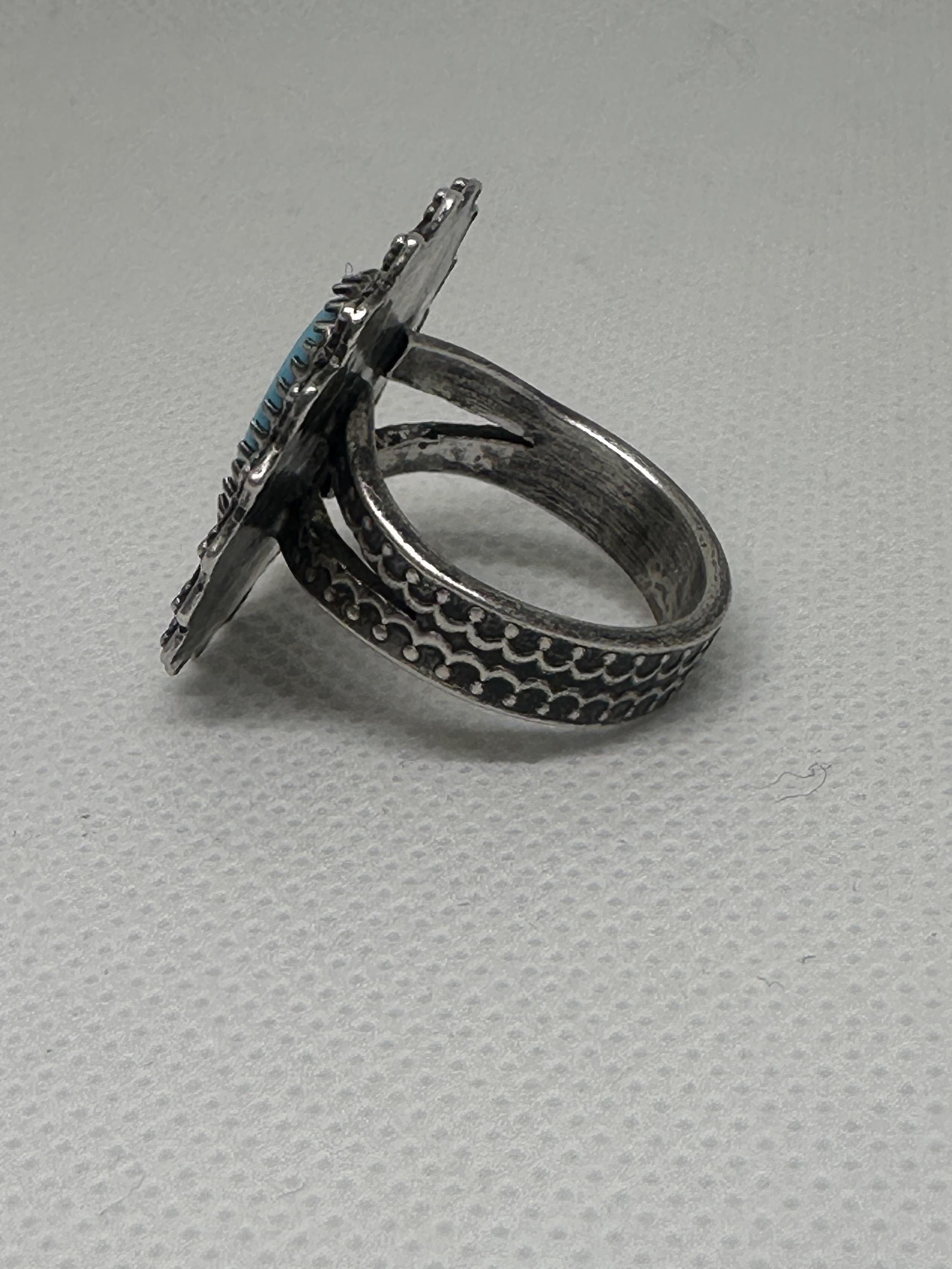 Kingman Turquoise Sterling and Fine Silver Flower Sunburst Statement Ring Size 7.5 | Oxidized Artisan Statement Ring | Handcrafted Boho Crystal Ring for peace, calm, protection and wisdom.