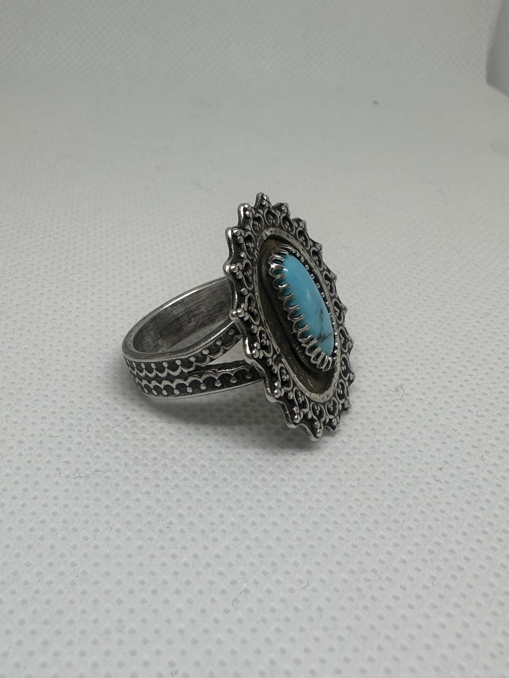 Kingman Turquoise Sterling and Fine Silver Flower Sunburst Statement Ring Size 7.5 | Oxidized Artisan Statement Ring | Handcrafted Boho Crystal Ring for peace, calm, protection and wisdom.