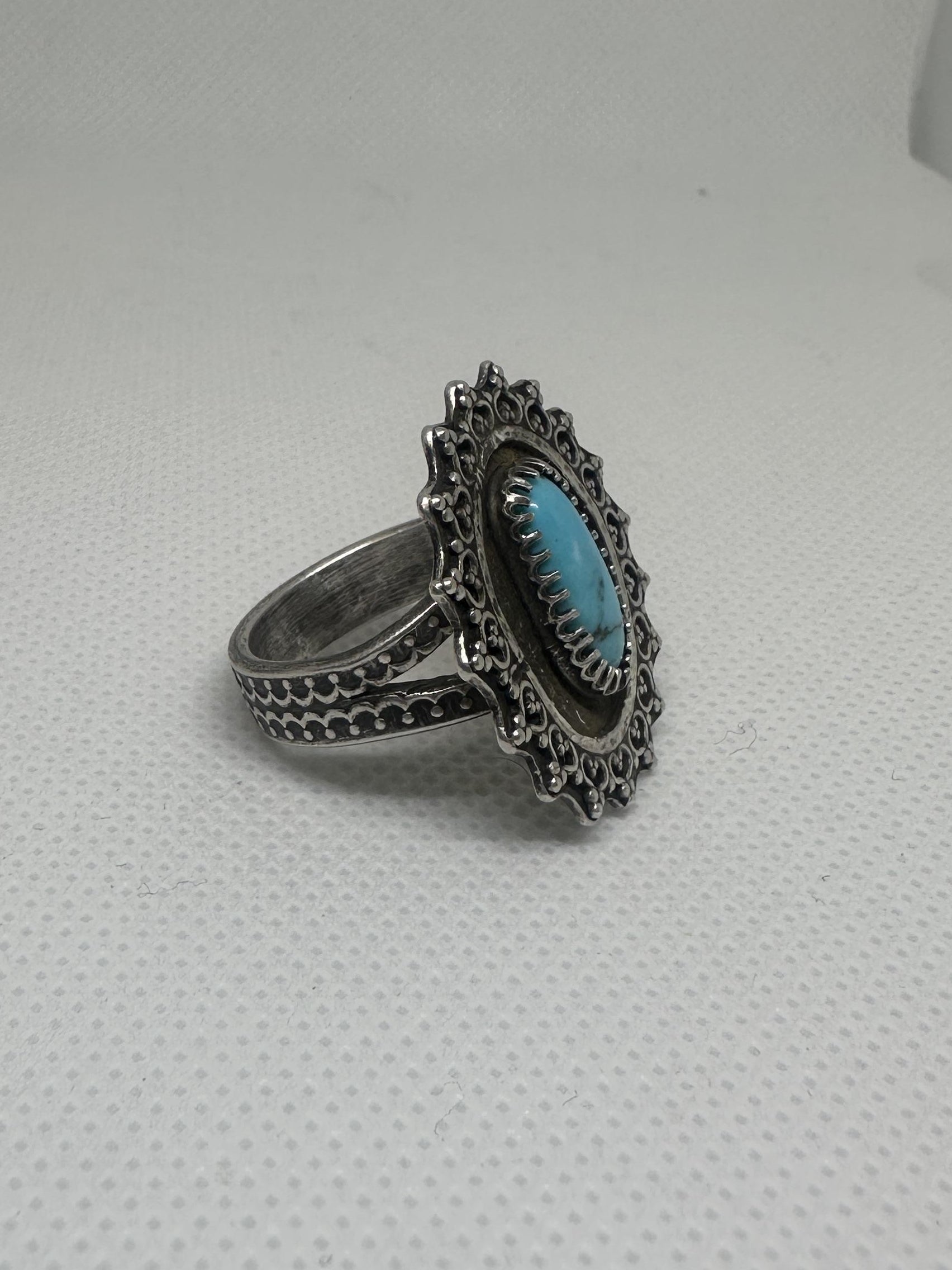 Kingman Turquoise Sterling and Fine Silver Flower Sunburst Statement Ring Size 7.5 | Oxidized Artisan Statement Ring | Handcrafted Boho Crystal Ring for peace, calm, protection and wisdom.