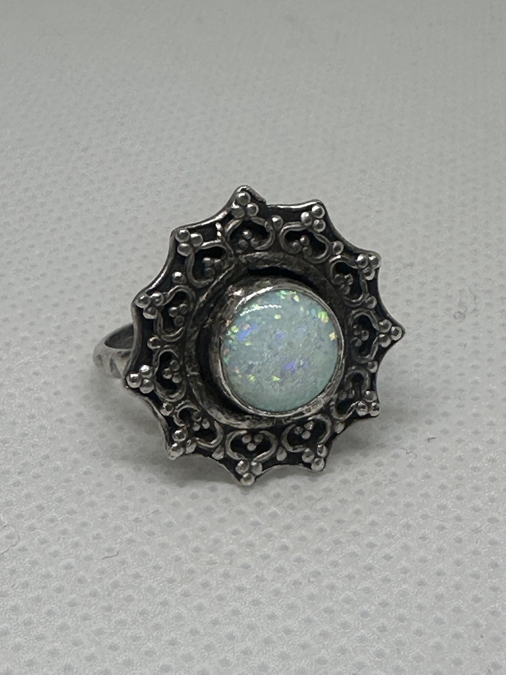Kyocera White Opal Sterling and Fine Silver Flower Ring size 5.5 | Handcrafted Filigree Statement Ring | Artisan Boho Ring for Inspiration & Transformation.