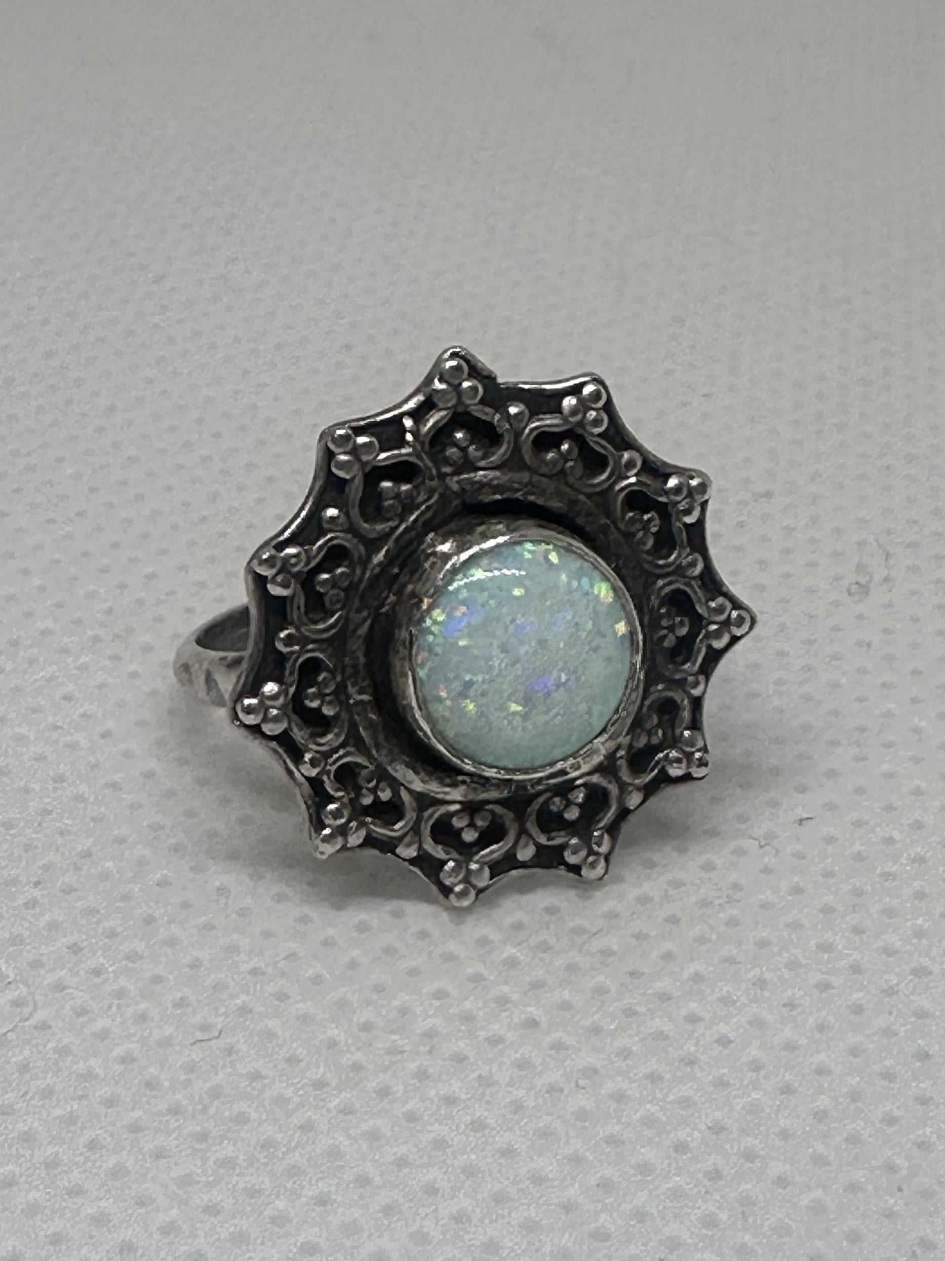 Kyocera White Opal Sterling and Fine Silver Flower Ring size 5.5 | Handcrafted Filigree Statement Ring | Artisan Boho Ring for Inspiration & Transformation.
