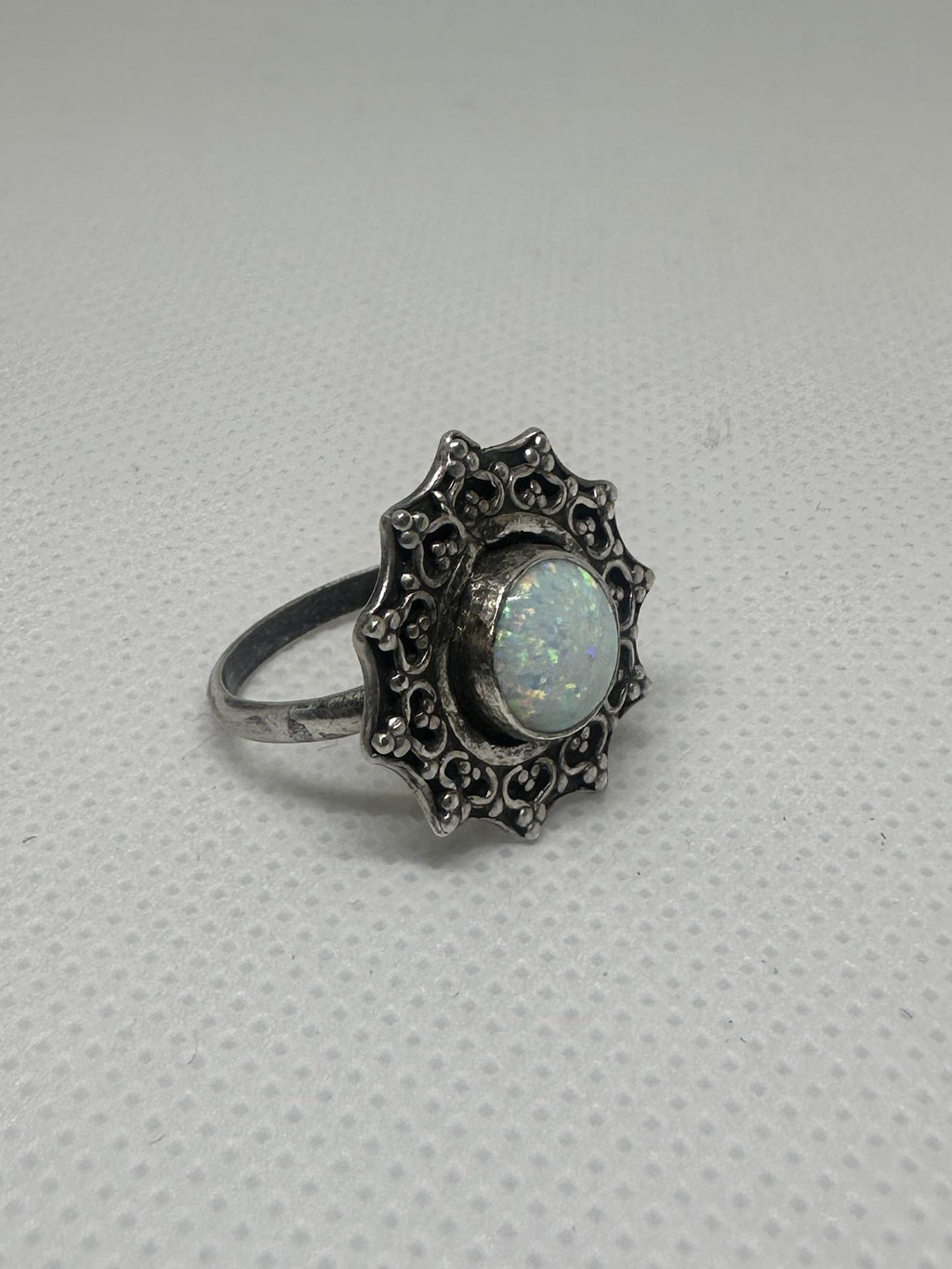 Kyocera White Opal Sterling and Fine Silver Flower Ring size 5.5 | Handcrafted Filigree Statement Ring | Artisan Boho Ring for Inspiration & Transformation.