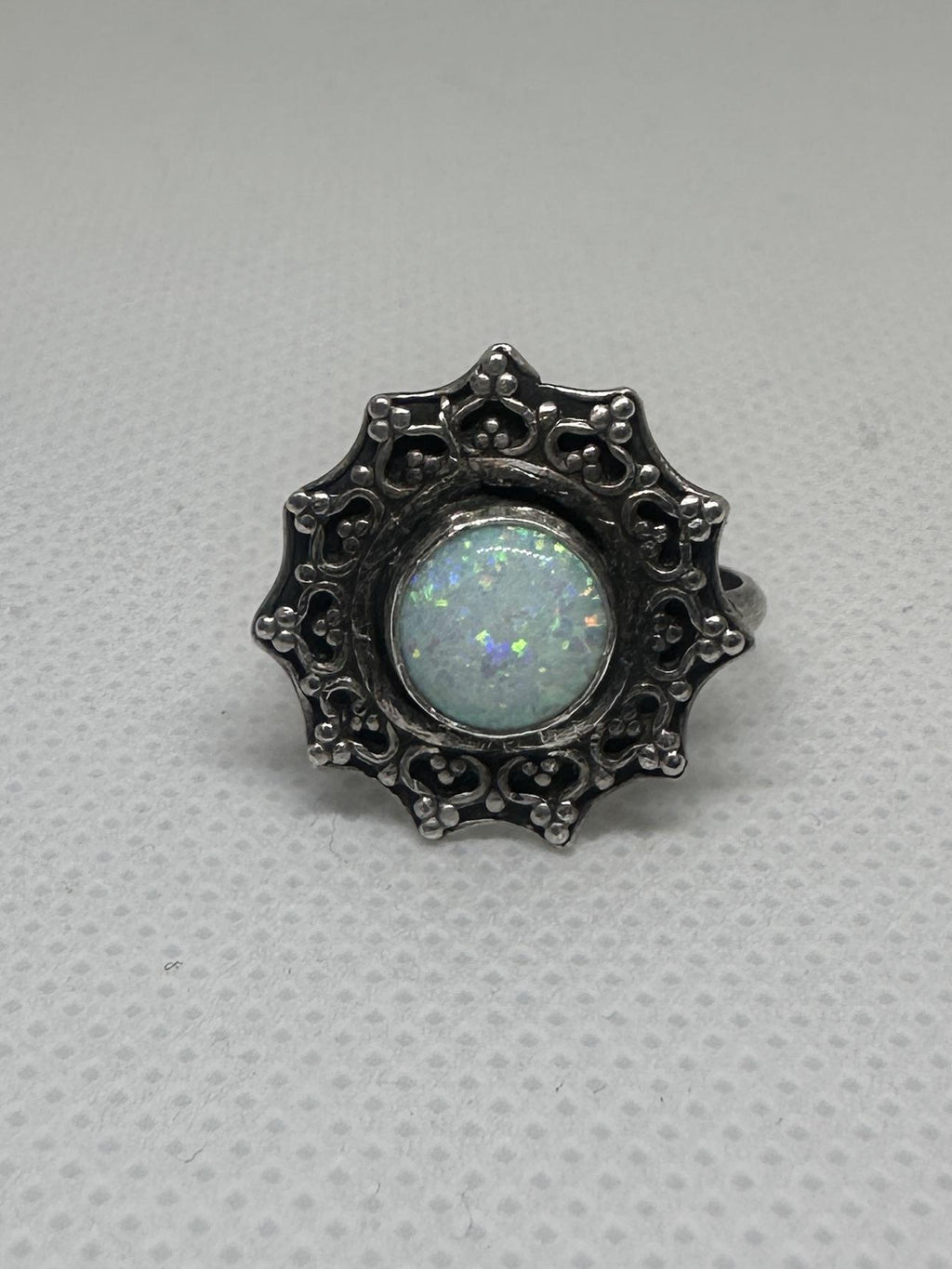 Kyocera White Opal Sterling and Fine Silver Flower Ring size 5.5 | Handcrafted Filigree Statement Ring | Artisan Boho Ring for Inspiration & Transformation.