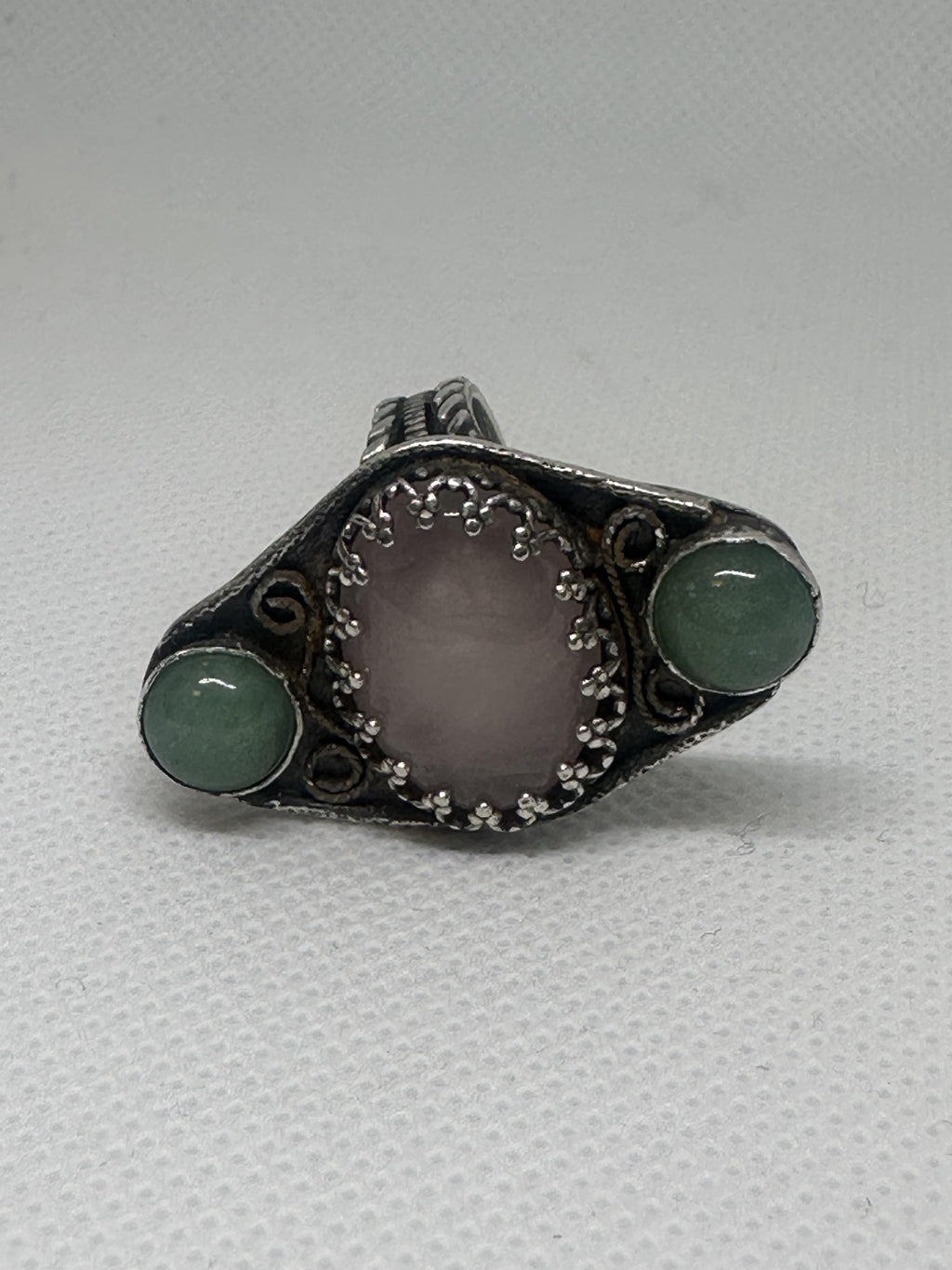Rose Quartz & Green Aventurine Sterling Silver Filigree Ring | Three Stone Boho Crystal Ring | Handcrafted Gemstone Artisan for love, luck, and emotional well-being.