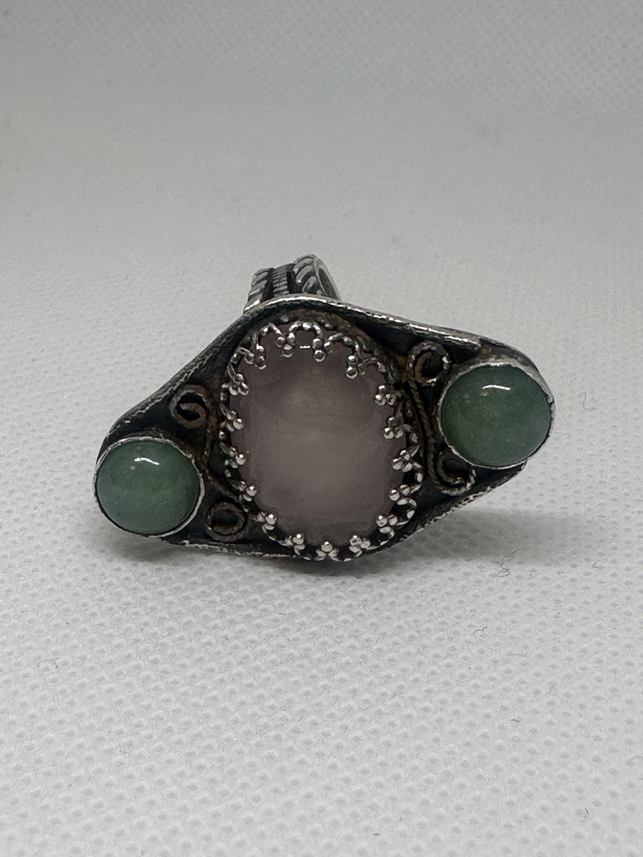 Rose Quartz & Green Aventurine Sterling Silver Filigree Ring | Three Stone Boho Crystal Ring | Handcrafted Gemstone Artisan for love, luck, and emotional well-being.