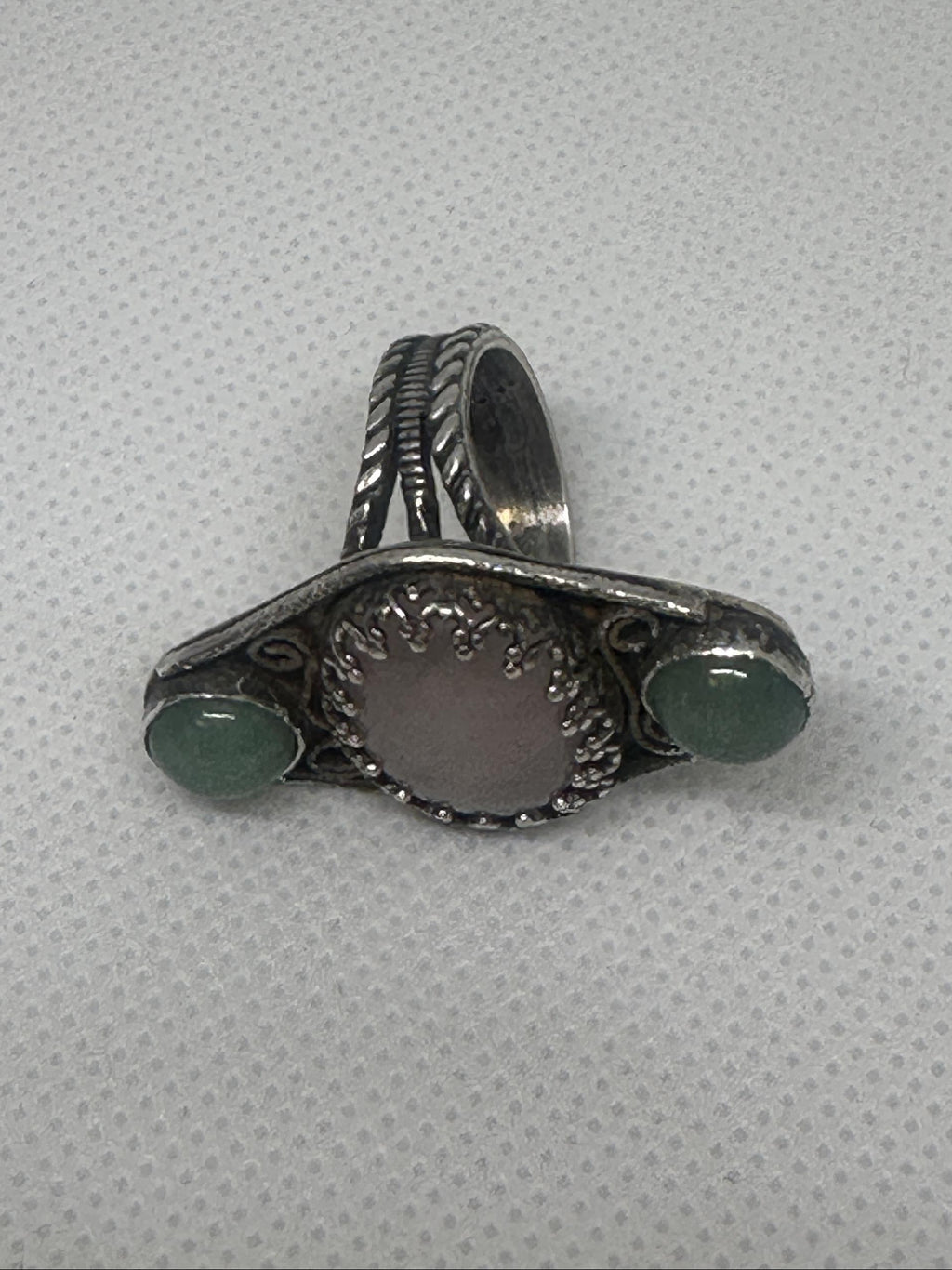 Rose Quartz & Green Aventurine Sterling Silver Filigree Ring | Three Stone Boho Crystal Ring | Handcrafted Gemstone Artisan for love, luck, and emotional well-being.