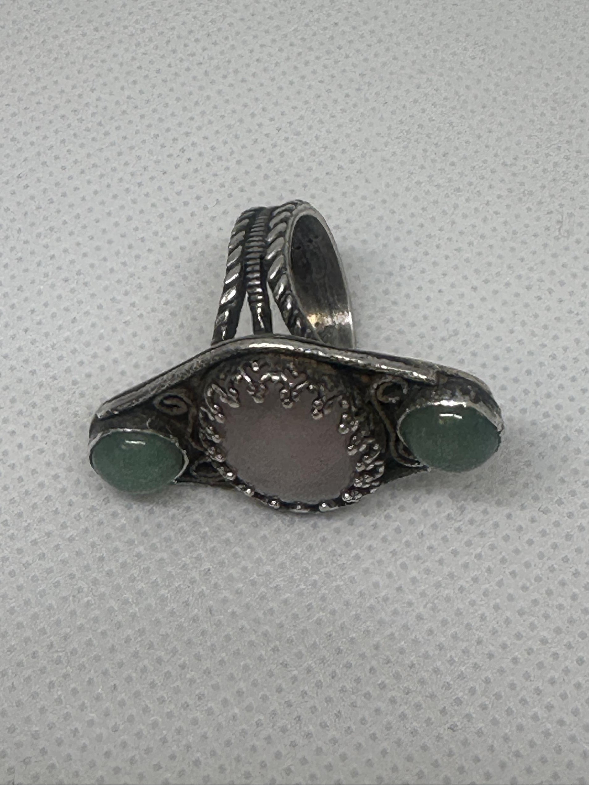 Rose Quartz & Green Aventurine Sterling Silver Filigree Ring | Three Stone Boho Crystal Ring | Handcrafted Gemstone Artisan for love, luck, and emotional well-being.