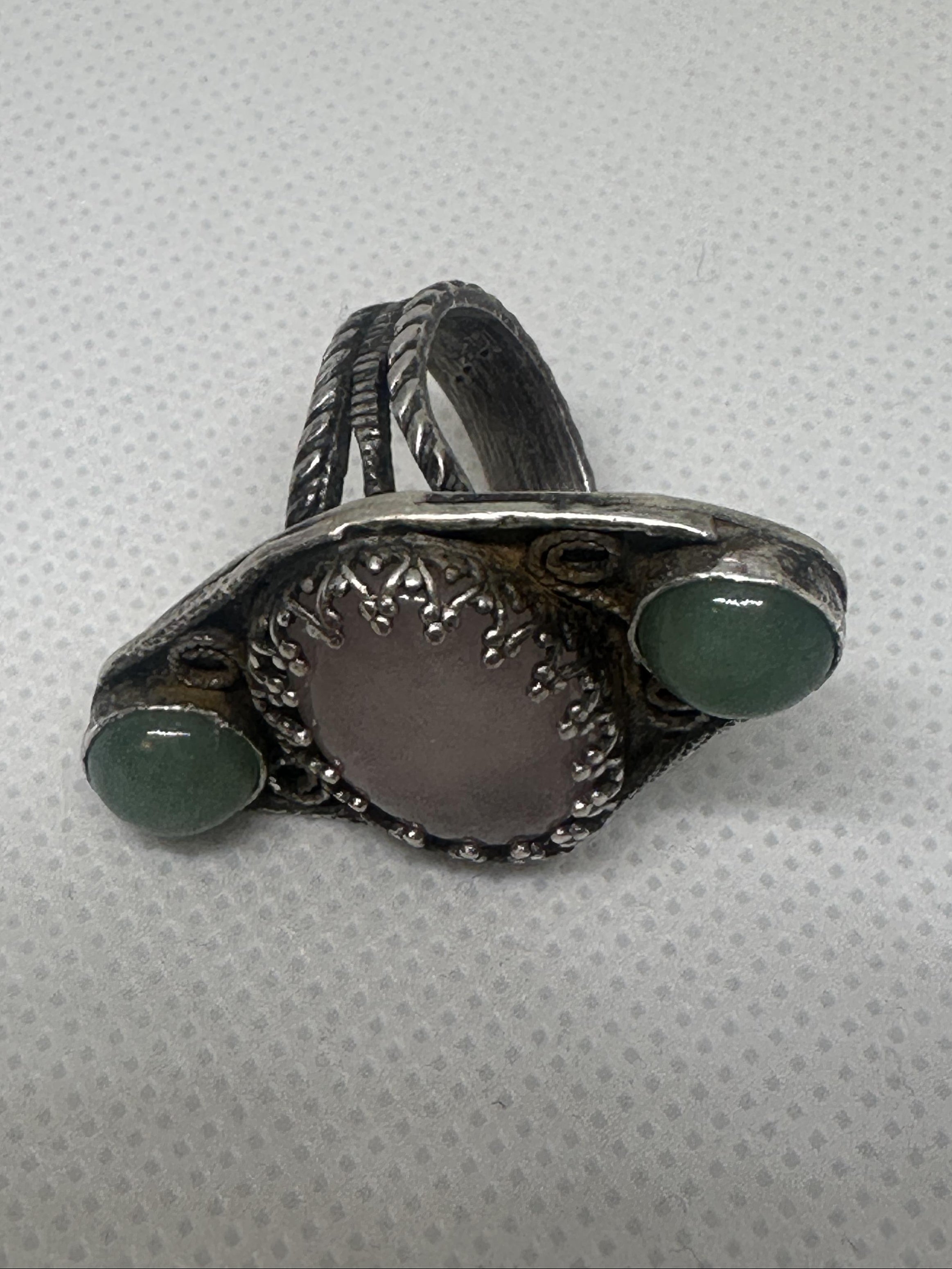 Rose Quartz & Green Aventurine Sterling Silver Filigree Ring | Three Stone Boho Crystal Ring | Handcrafted Gemstone Artisan for love, luck, and emotional well-being.