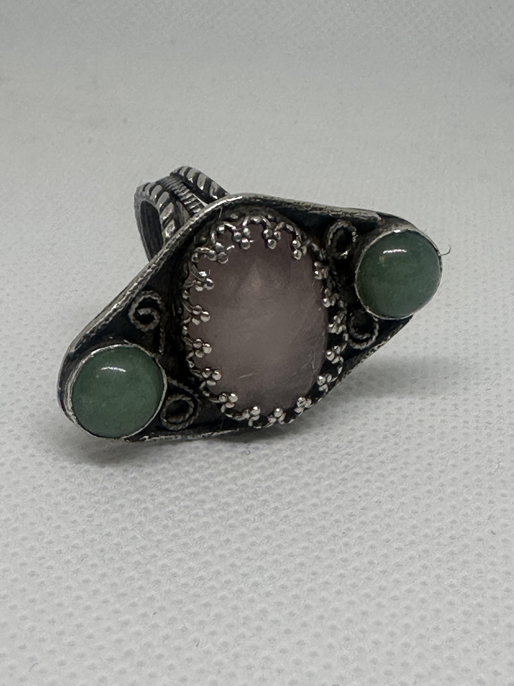 Rose Quartz & Green Aventurine Sterling Silver Filigree Ring | Three Stone Boho Crystal Ring | Handcrafted Gemstone Artisan for love, luck, and emotional well-being.
