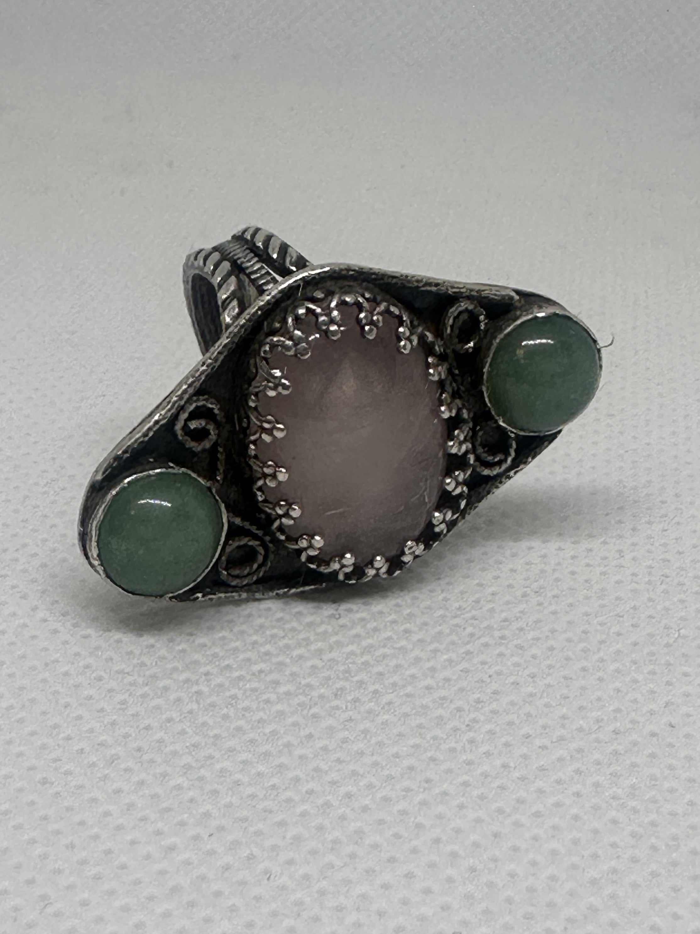 Rose Quartz & Green Aventurine Sterling Silver Filigree Ring | Three Stone Boho Crystal Ring | Handcrafted Gemstone Artisan for love, luck, and emotional well-being.