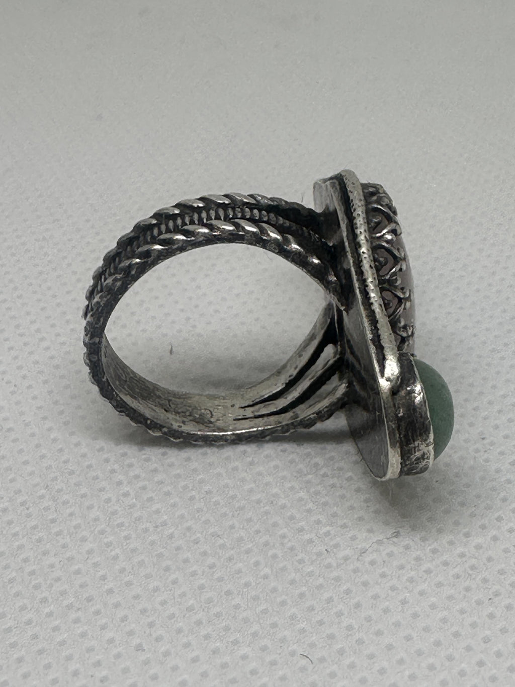 Rose Quartz & Green Aventurine Sterling Silver Filigree Ring | Three Stone Boho Crystal Ring | Handcrafted Gemstone Artisan for love, luck, and emotional well-being.