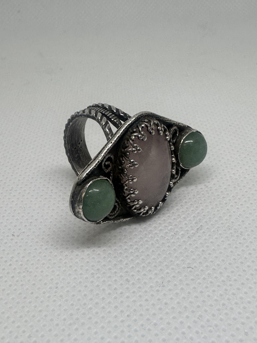 Rose Quartz & Green Aventurine Sterling Silver Filigree Ring | Three Stone Boho Crystal Ring | Handcrafted Gemstone Artisan for love, luck, and emotional well-being.