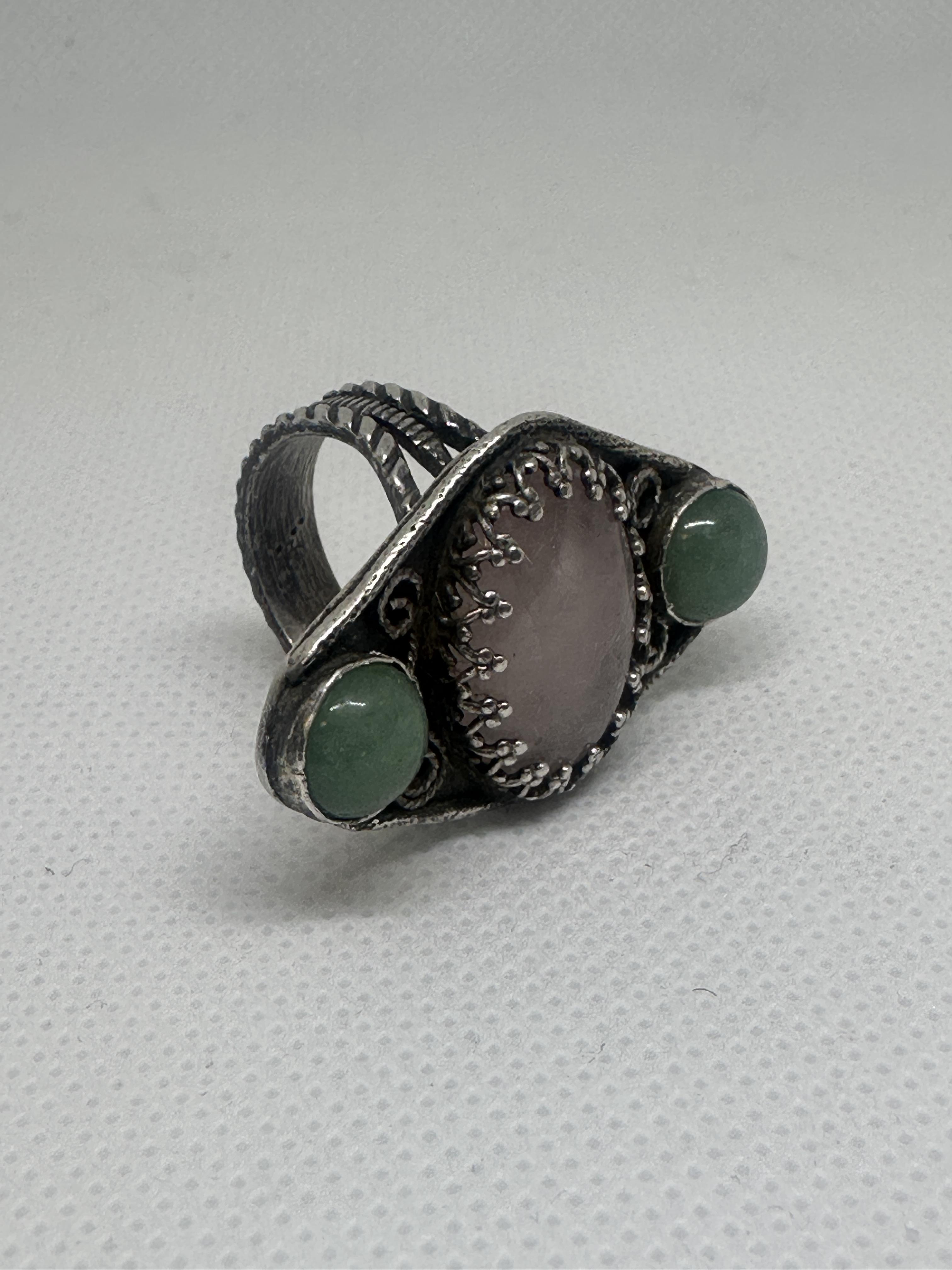 Rose Quartz & Green Aventurine Sterling Silver Filigree Ring | Three Stone Boho Crystal Ring | Handcrafted Gemstone Artisan for love, luck, and emotional well-being.