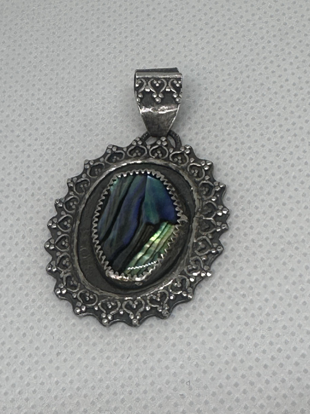 Abalone Shell Oval Flower Pendant in Antiqued Sterling Silver (925) One-of-a-kind artisan piece - for wisdom and healing